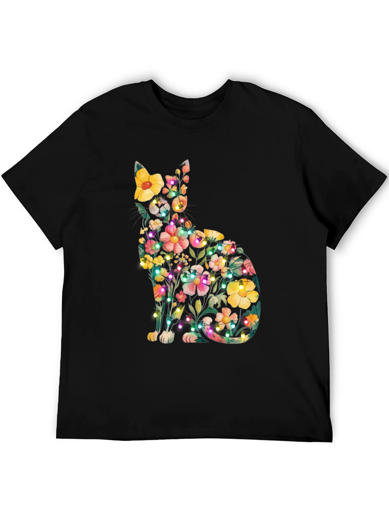 Black Floral Cat Tee - Whimsical & Unique Design view 5