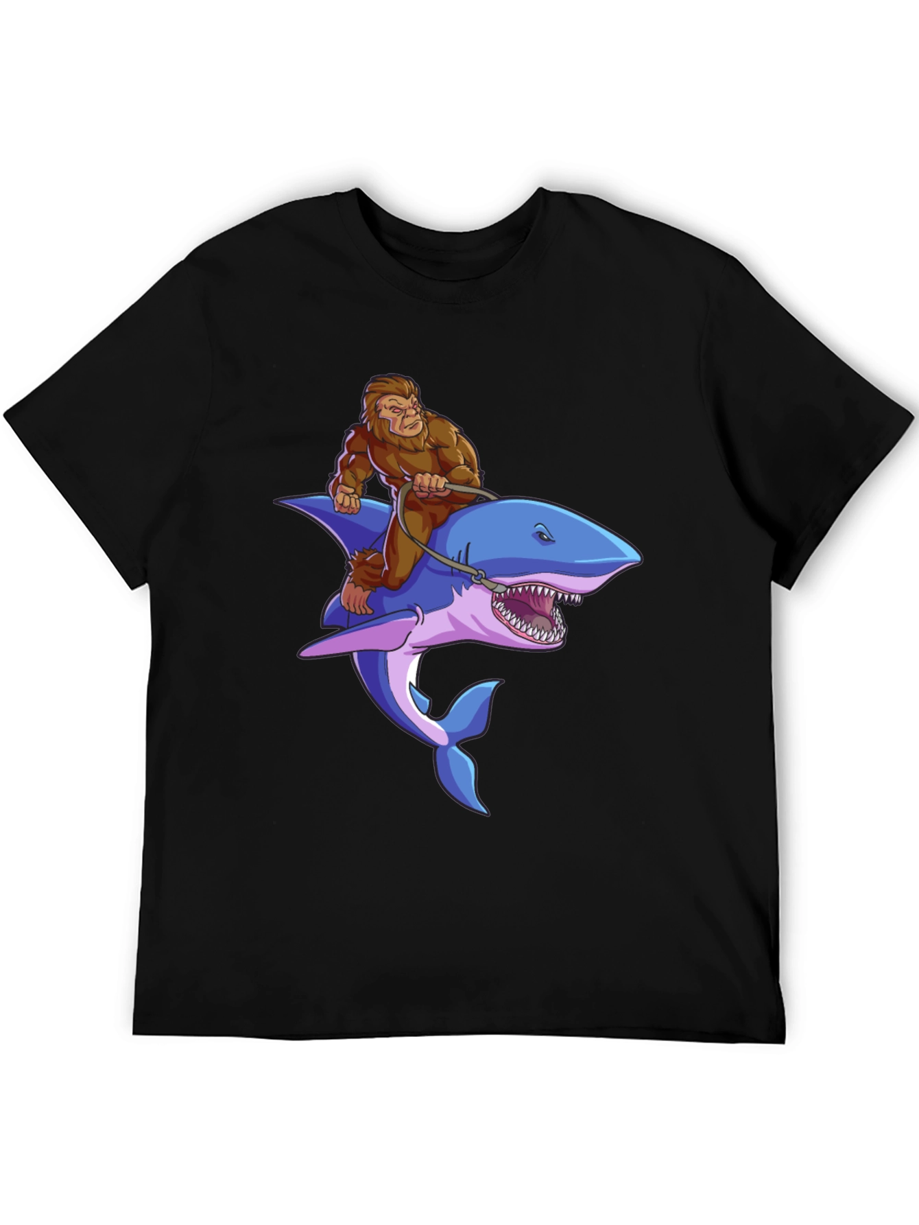 Black Bigfoot Riding Shark Graphic Tee - Black view 5