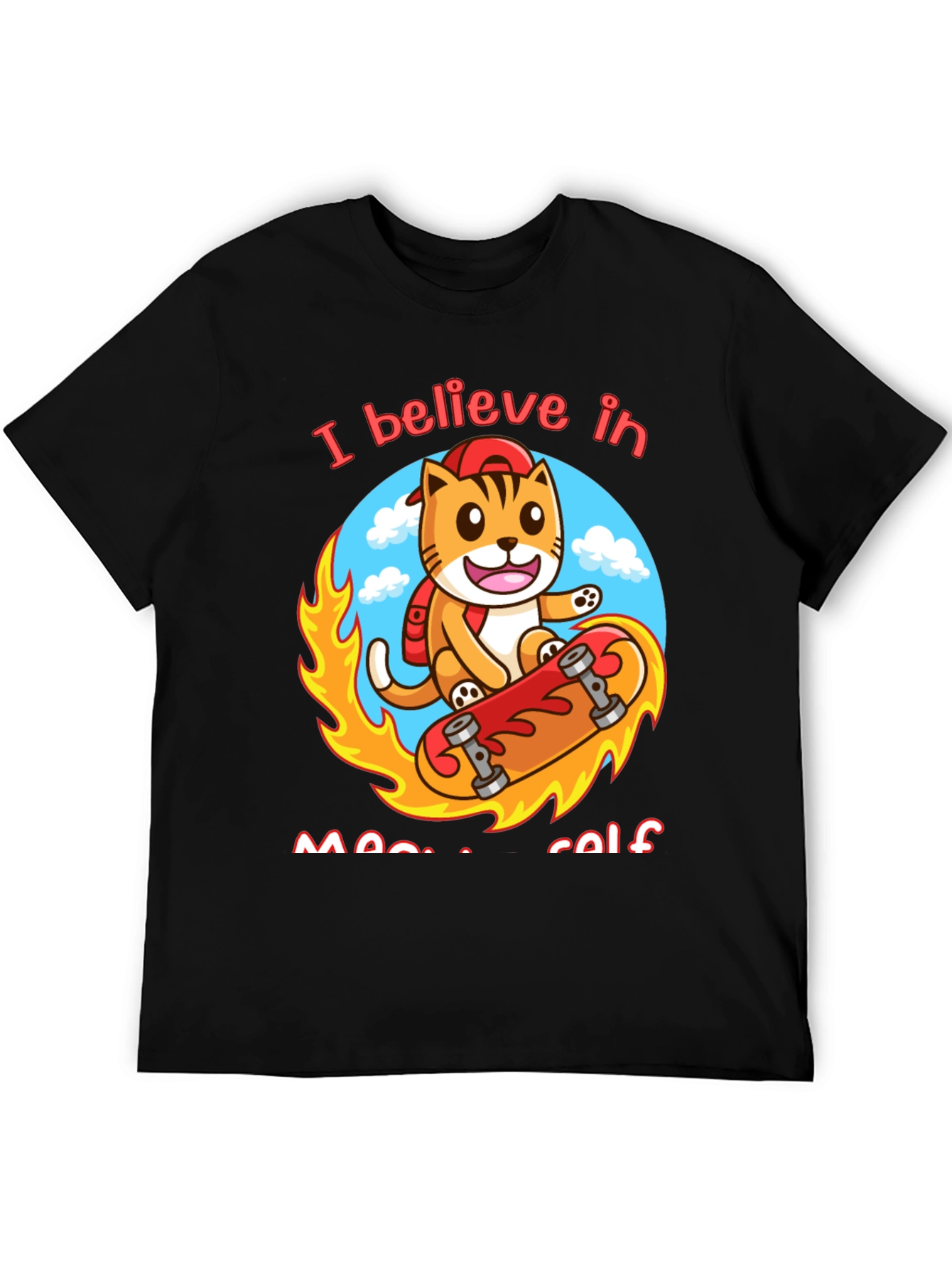 Black Believe in Meowself T-Shirt - Cute Cat Skateboard Design view 5
