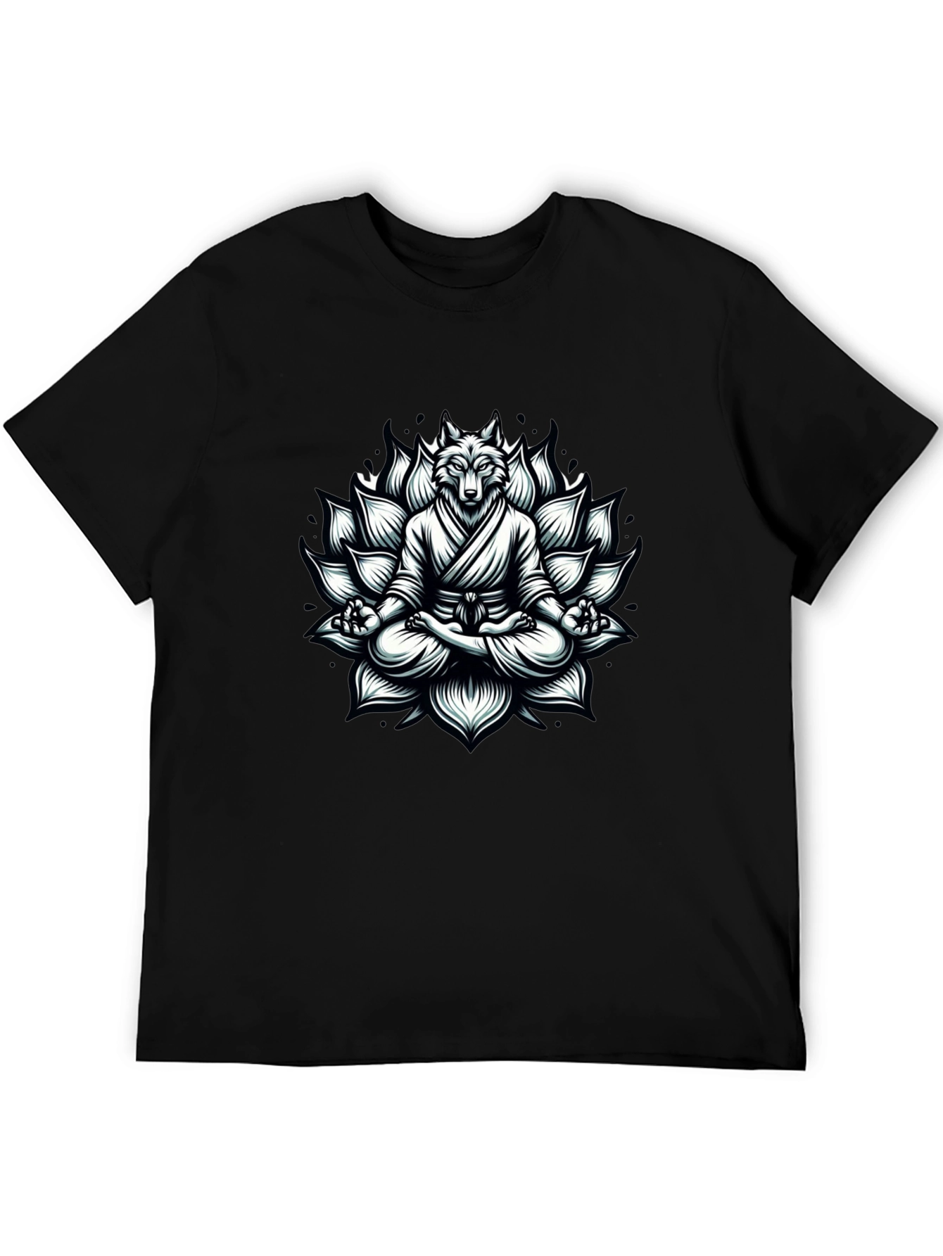 Black Zen Wolf T-Shirt: Meditating Lotus Design view 5