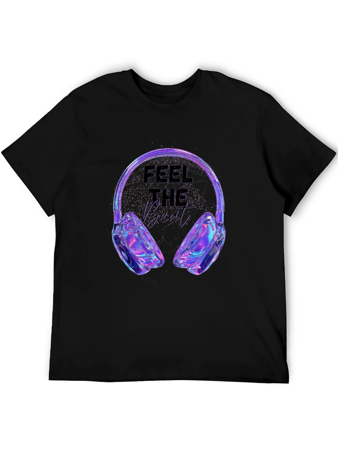 Black Feel the Beat T-Shirt - Holographic Headphones Design view 5