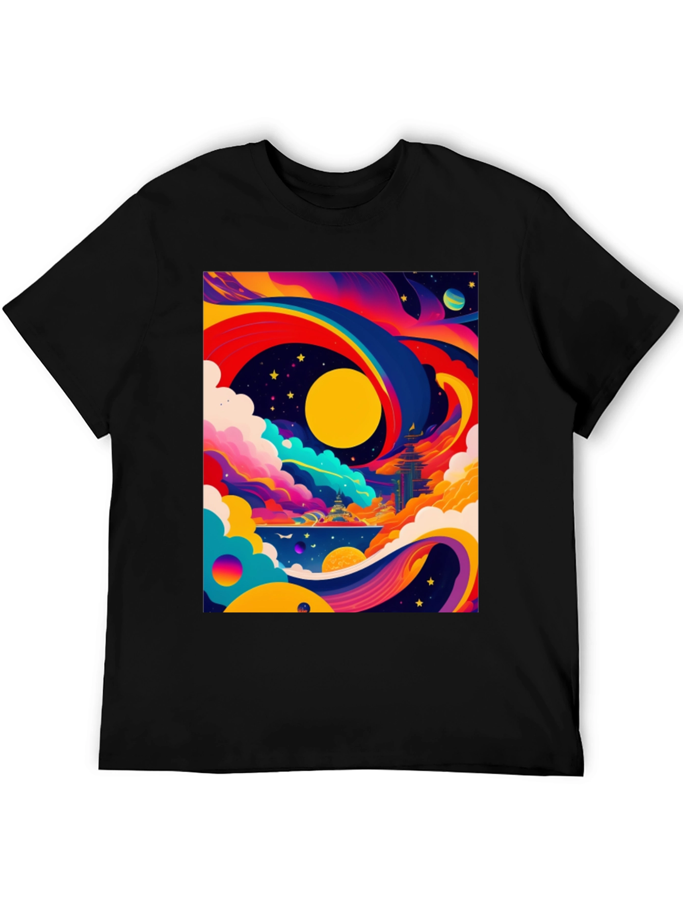 Black Vibrant Celestial Graphic Tee - Artistic Dreamscape view 5