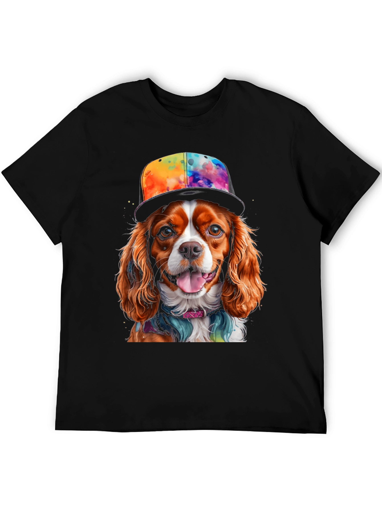 Black Cool Dog T-Shirt: Cavalier in Colorful Hat view 5