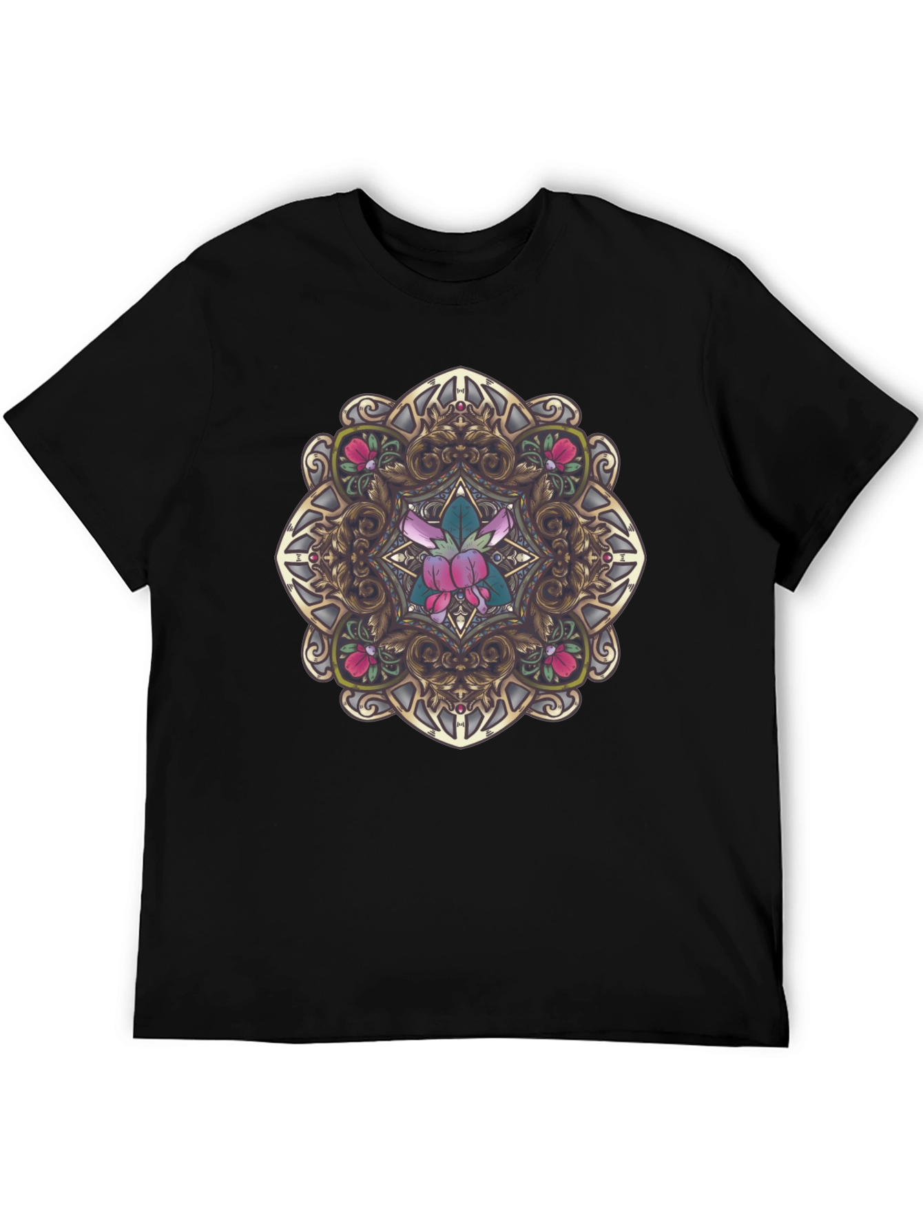 Black Ornate Floral Mandala Graphic Black T-Shirt view 5