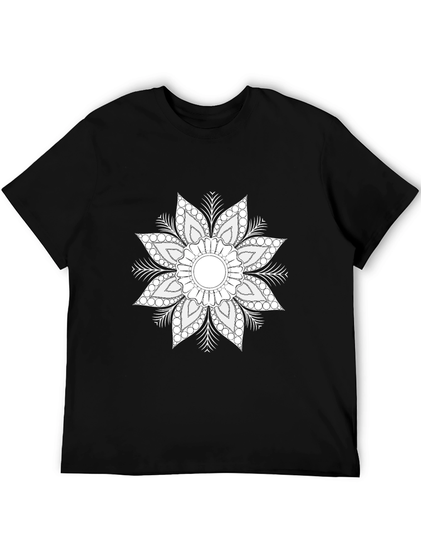 Black Black T-Shirt with White Floral Mandala Design view 5