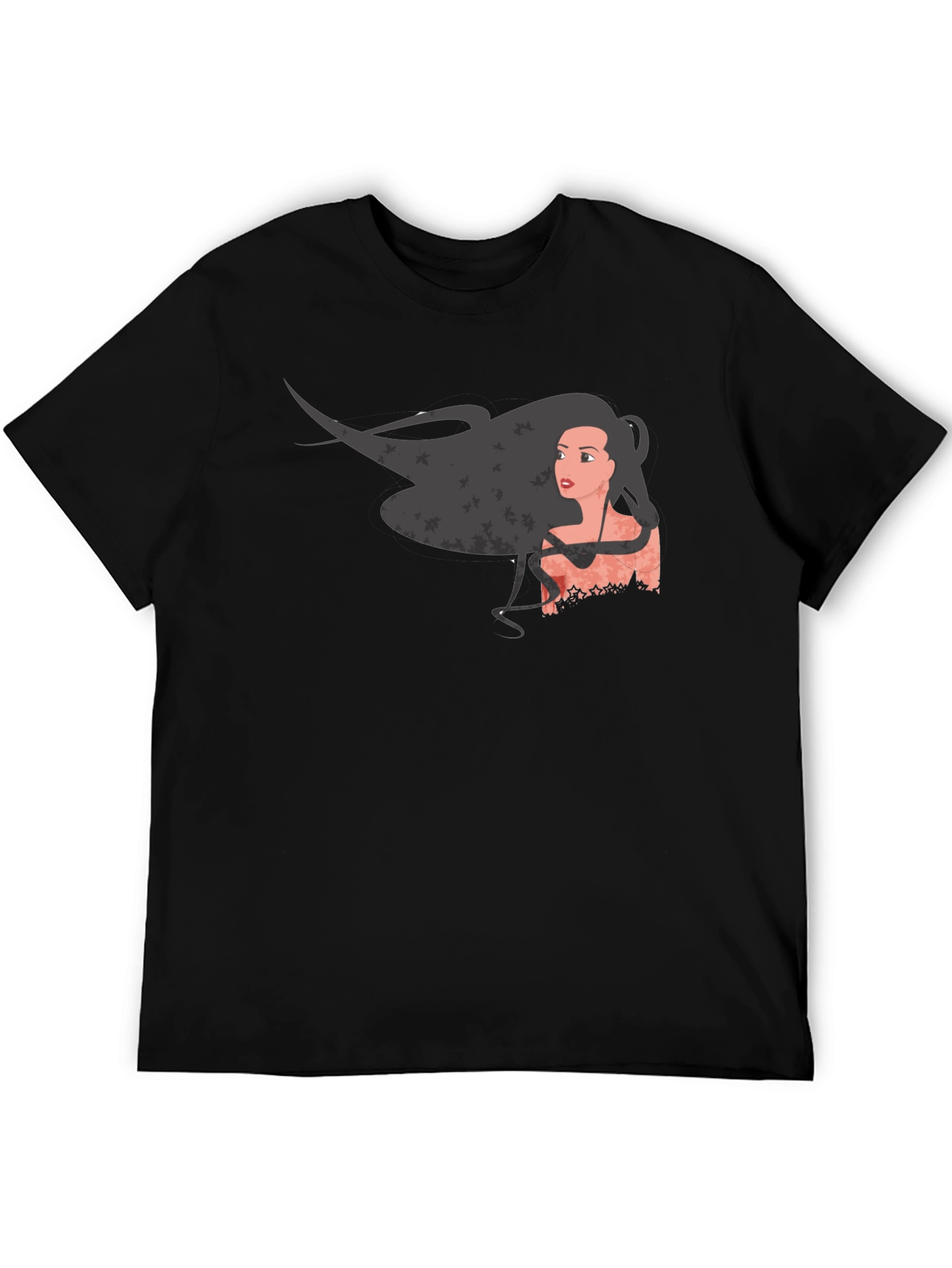 Black Graphic Print Black T-Shirt - Woman with Flowing Hair view 5