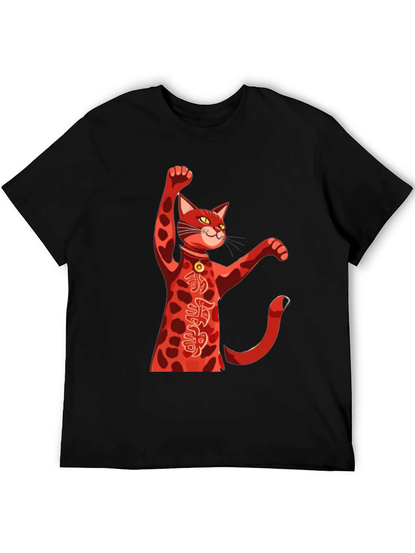 Black Lucky Cat T-Shirt - Red Maneki Neko Graphic Tee view 5