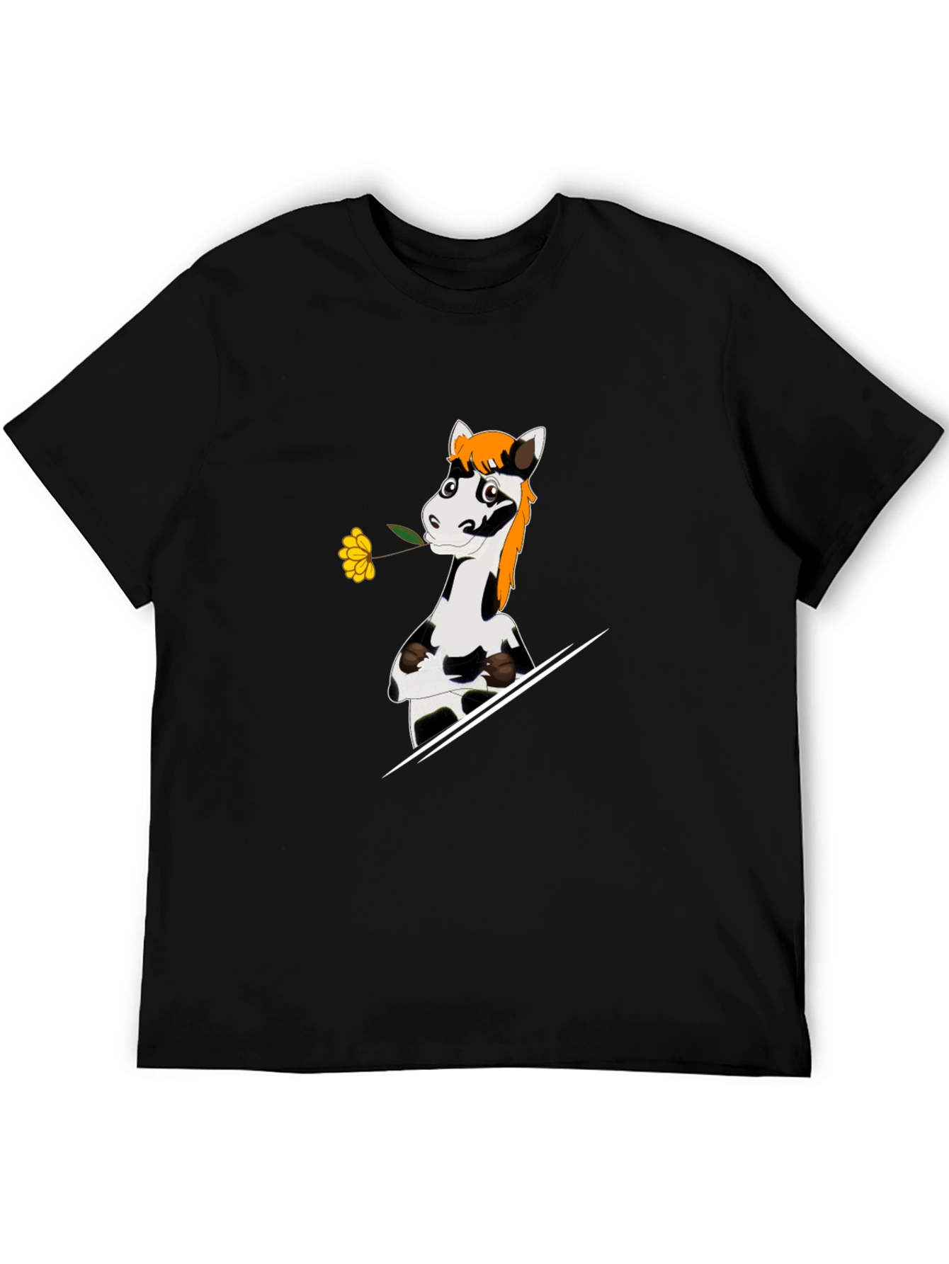 Black Cartoon Horse with Flower Graphic T-Shirt view 5