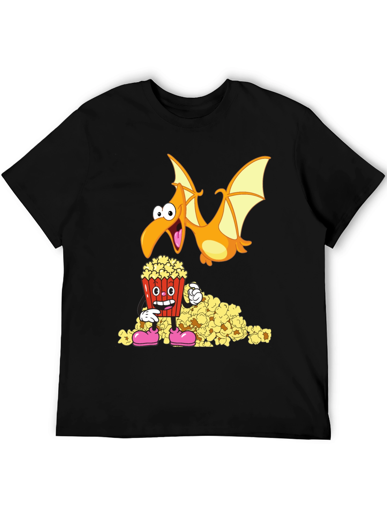 Black Cartoon Pterodactyl & Popcorn Graphic T-Shirt view 5