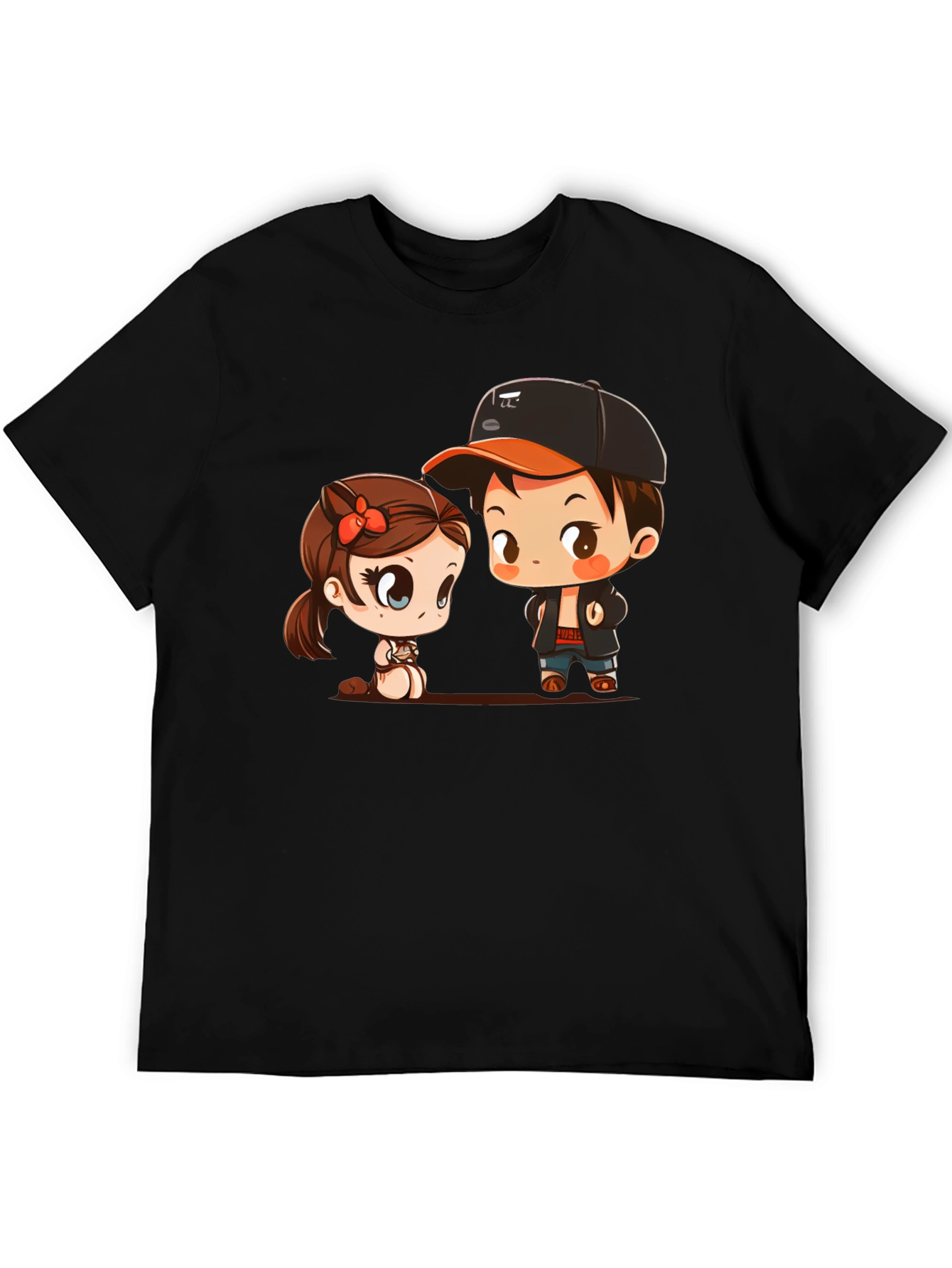 Black Cute Cartoon Couple Black T-Shirt view 5