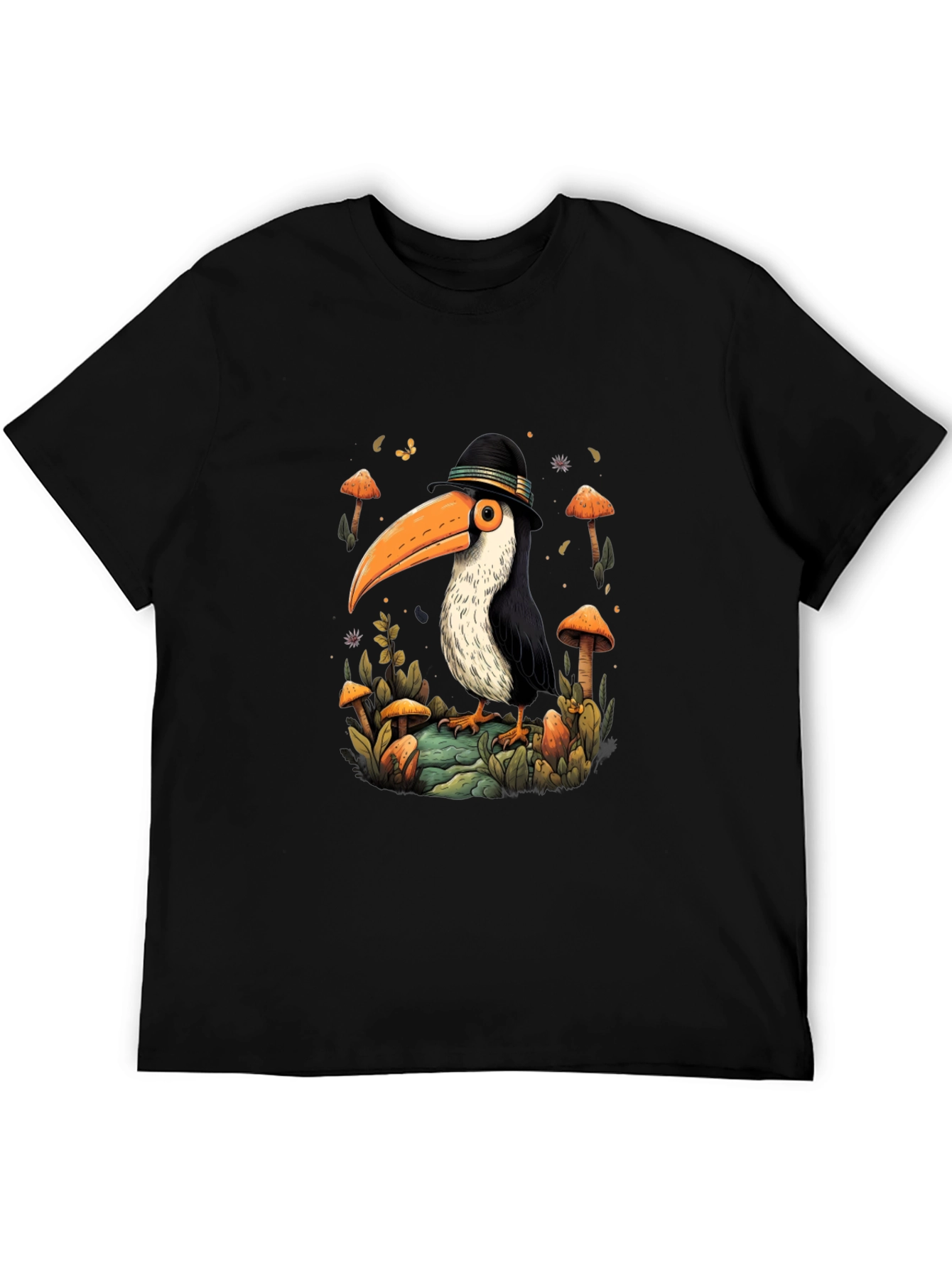 Black Whimsical Toucan T-Shirt - Mushroom Forest Design view 5