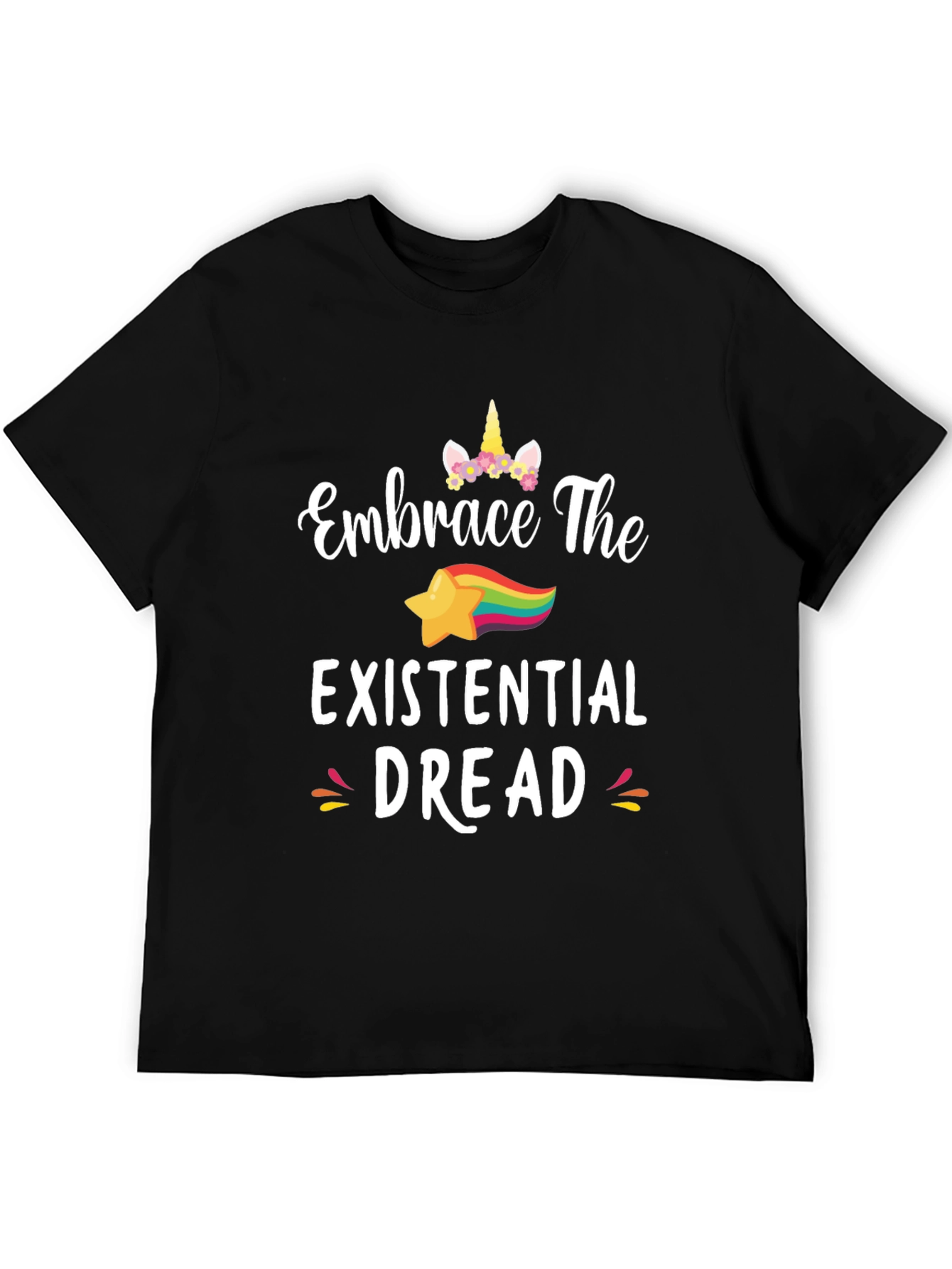 Black Embrace The Existential Dread Funny Unicorn Star T-Shirt view 5