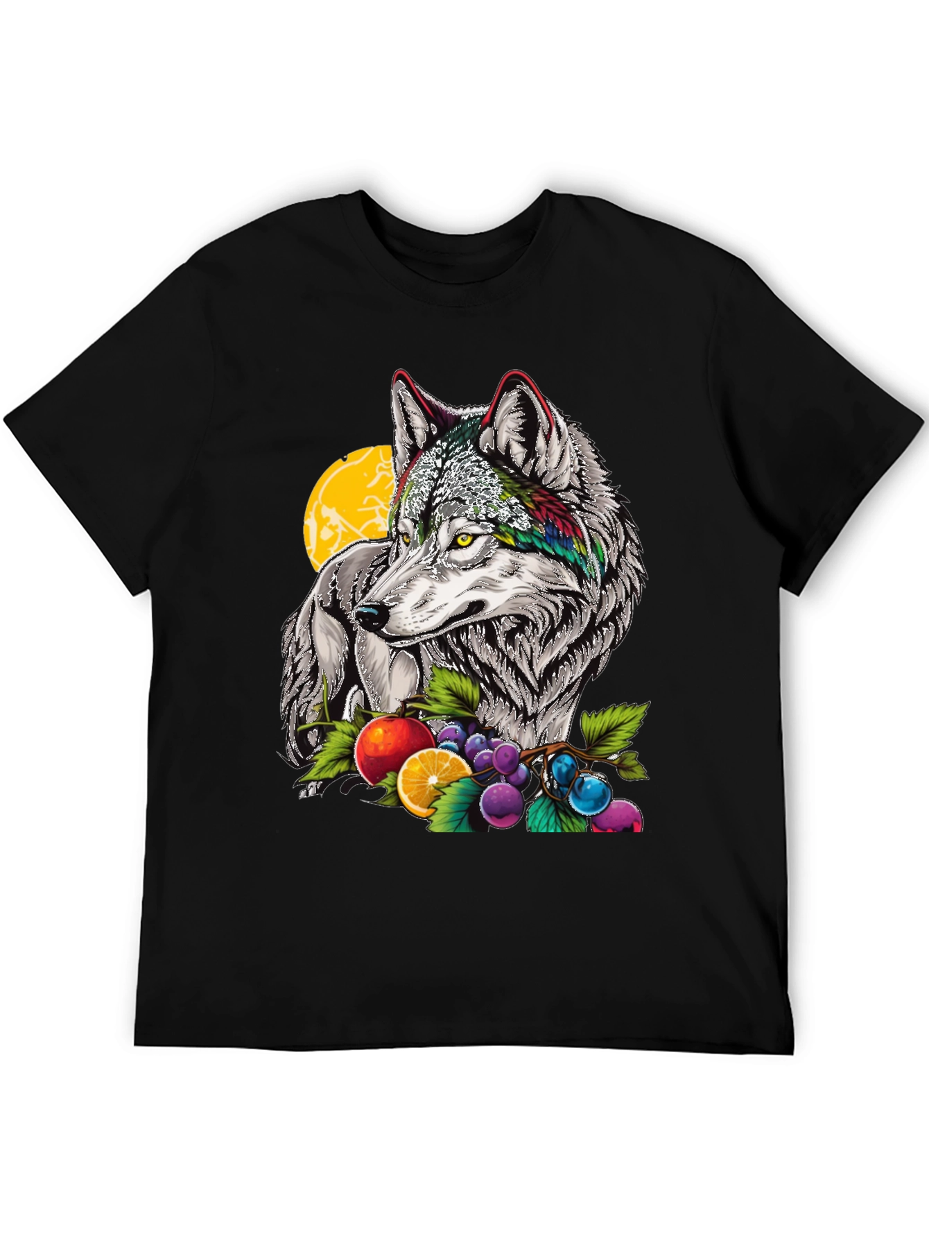 Black Wolf & Fruit Graphic Print T-Shirt - Black view 5