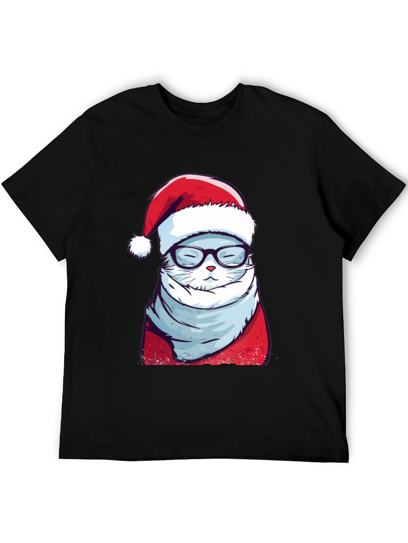 Black Holiday Cat T-Shirt: Santa Hat & Glasses view 5