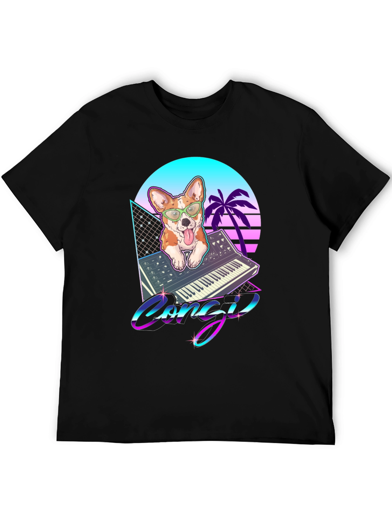 Black Retro Corgi Synthwave Graphic T-Shirt view 5