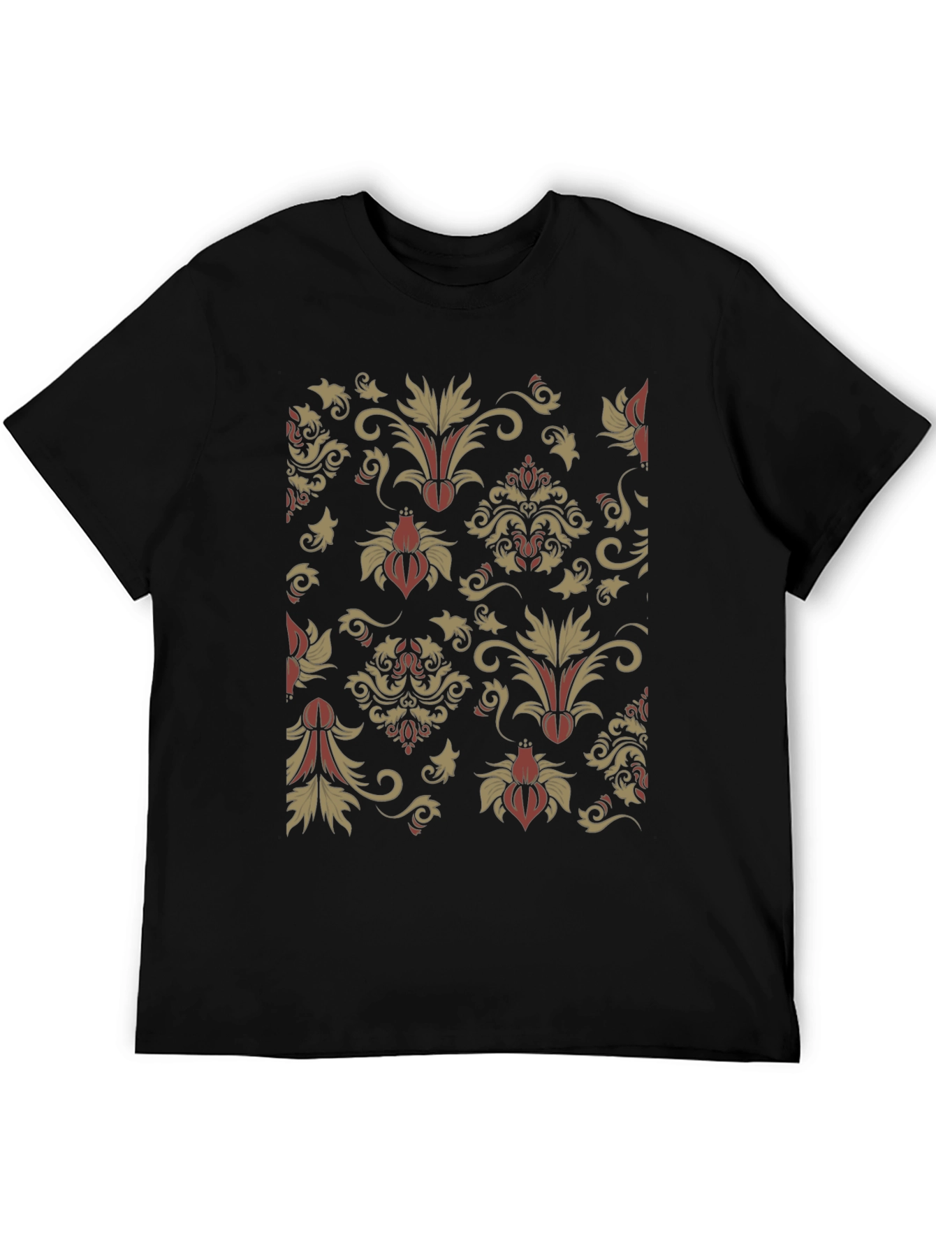 Black Floral Damask Print Black Crewneck T-Shirt view 5