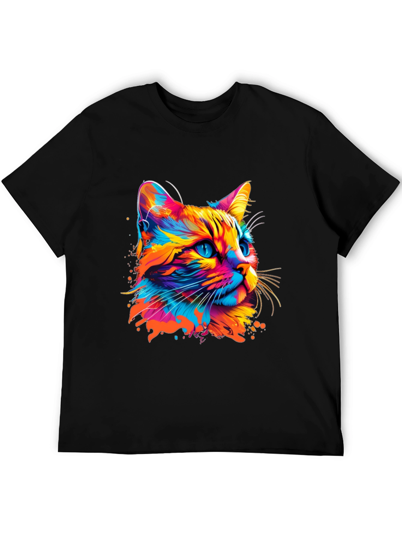 Black Vibrant Cat Graphic Print Black T-Shirt view 5