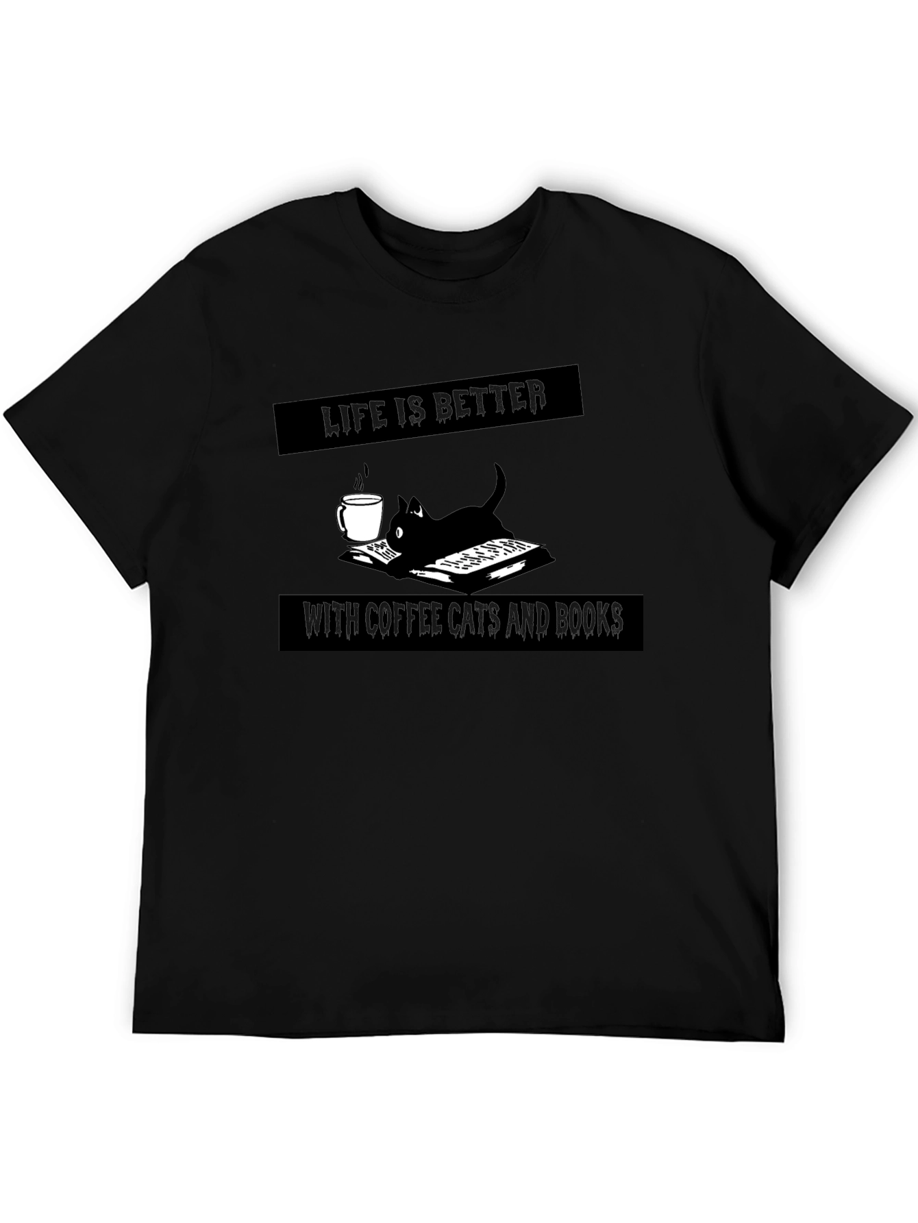 Black Life is Better with Coffee, Cats, and Books Black Tee view 5