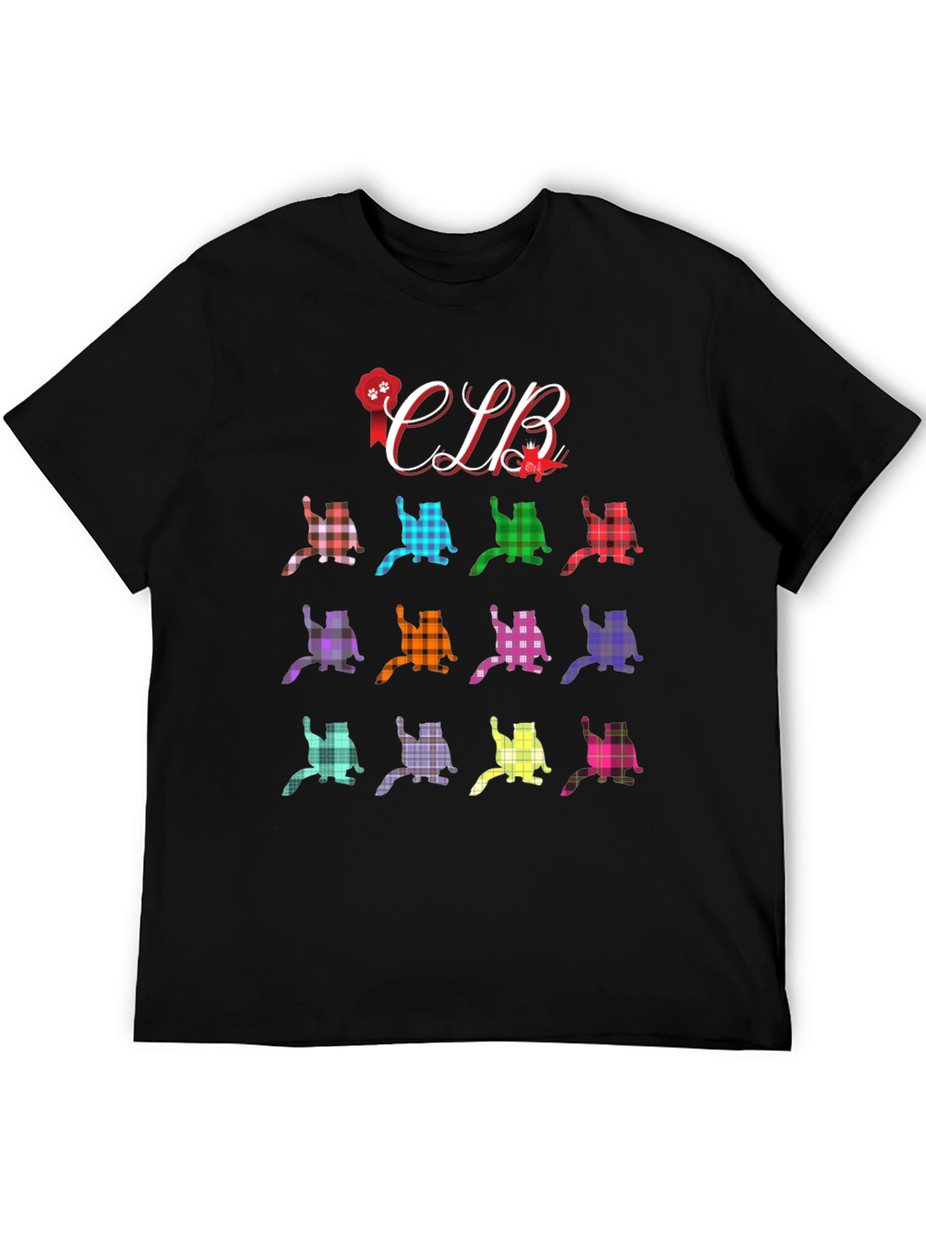 Black Colorful Plaid Cat Lover T-Shirt view 5