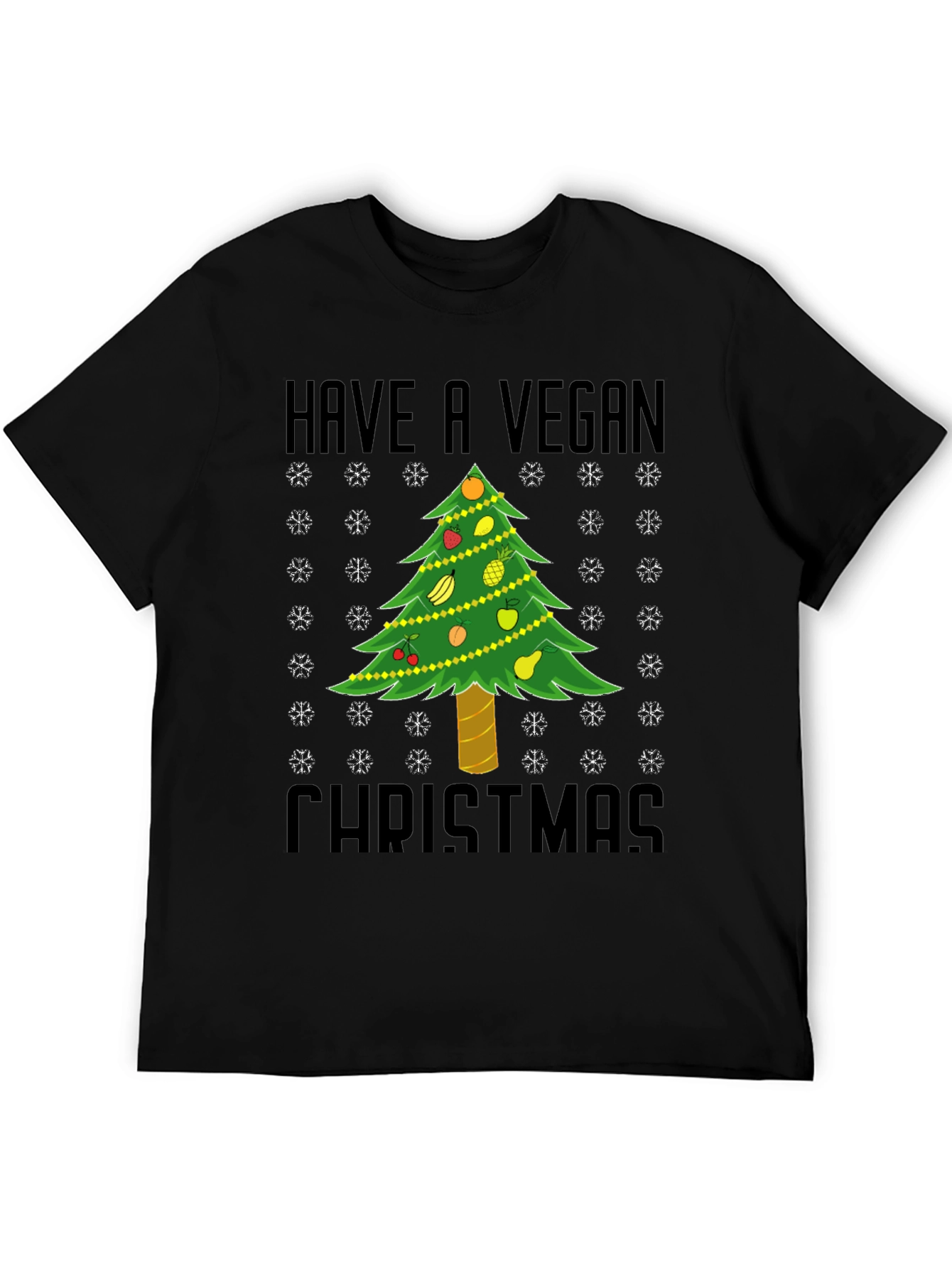 Black Vegan Christmas T-Shirt - Holiday Tree Fruit Design view 5