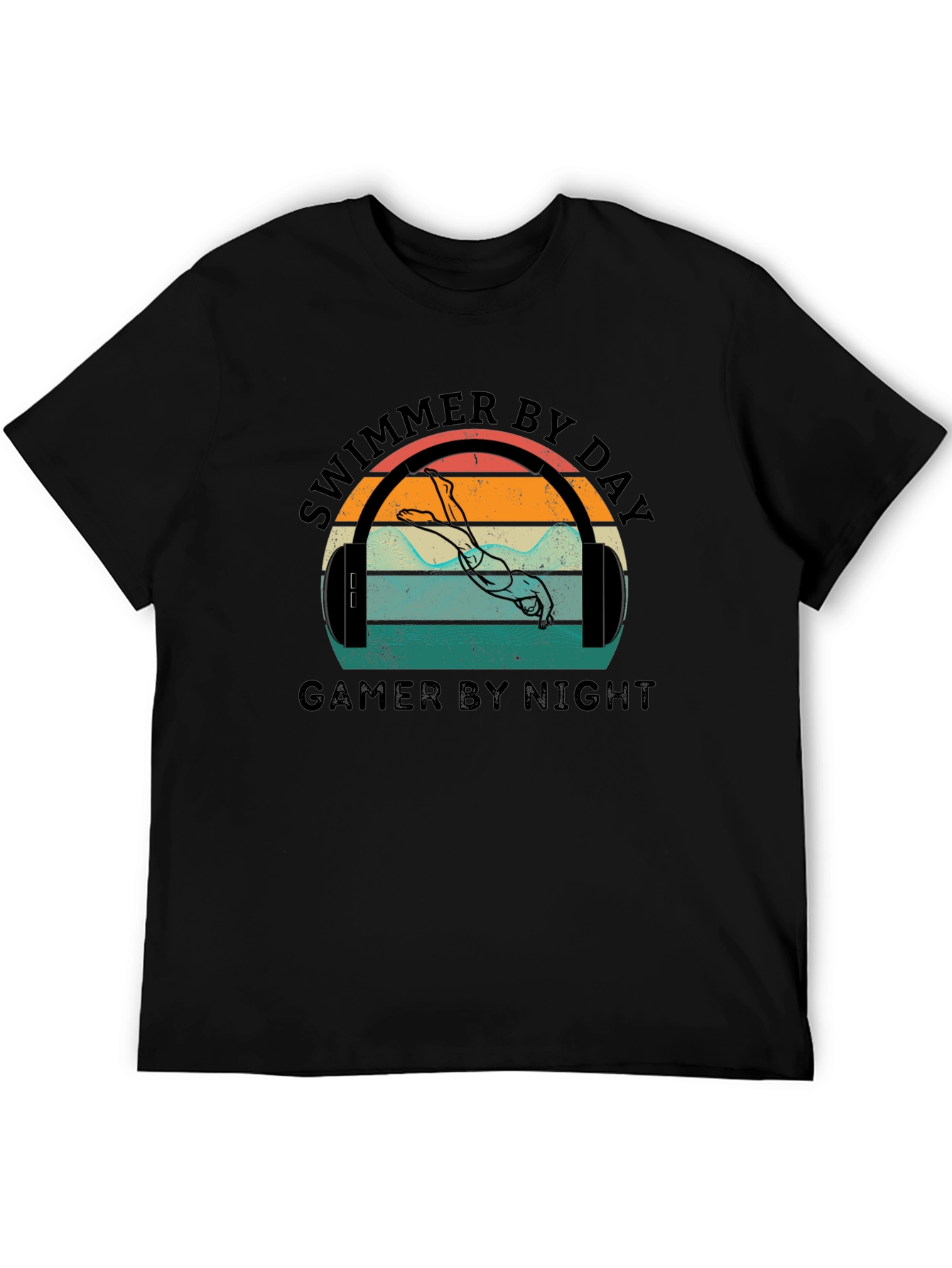 Black Swimmer By Day Gamer By Night Graphic T-Shirt view 5