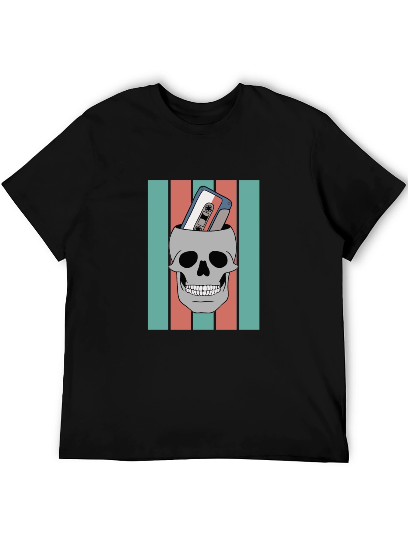 Black Skull & Cassette Tape Graphic Tee - Retro Music Vibes view 5