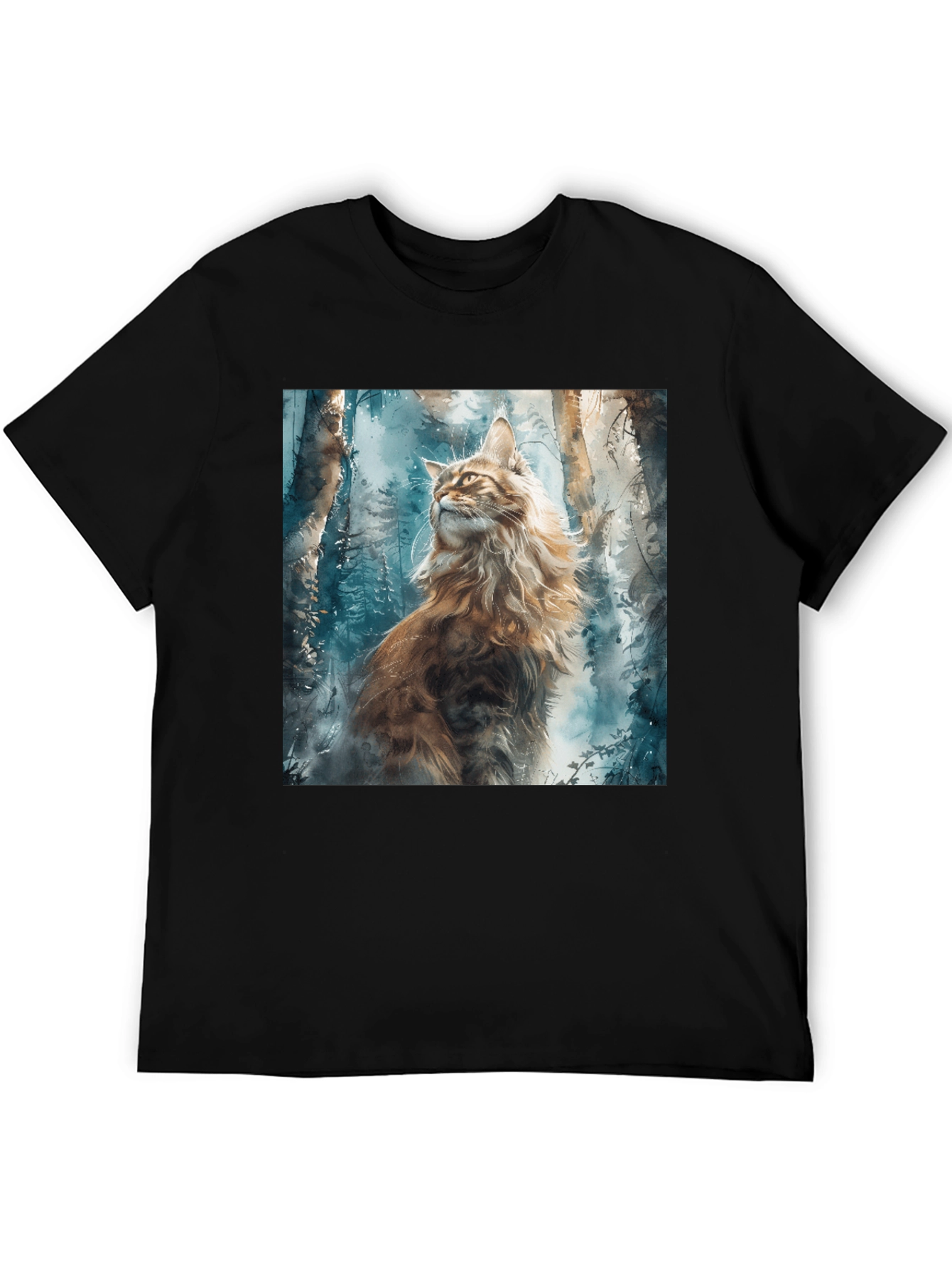 Black Watercolor Cat in Forest Graphic Tee view 5