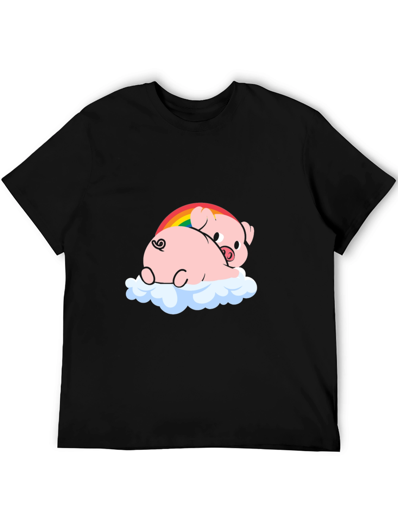 Black Cute Pig Rainbow Cloud Graphic T-Shirt view 5