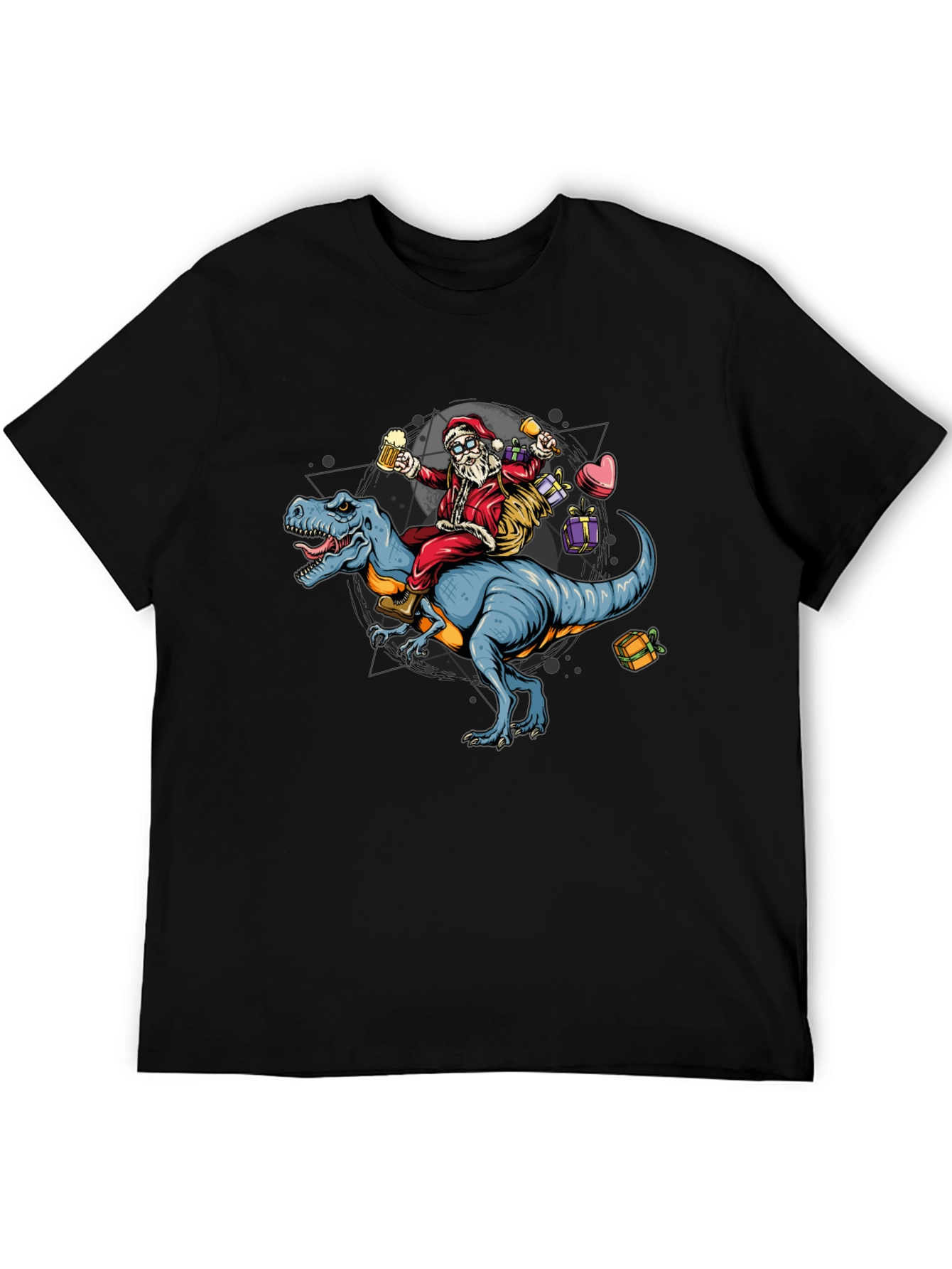 Black Santa Riding Dinosaur T-Shirt - Festive Holiday Apparel view 5