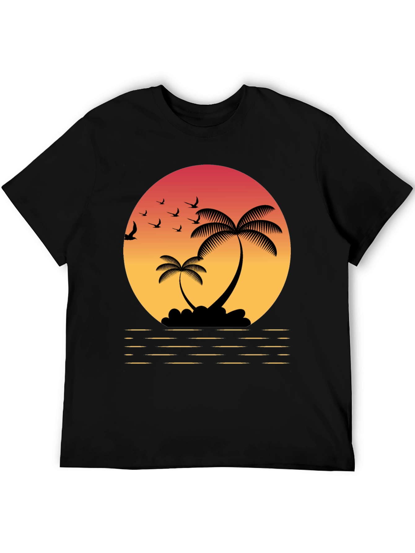 Black Tropical Sunset T-Shirt: Palm Trees & Birds view 5