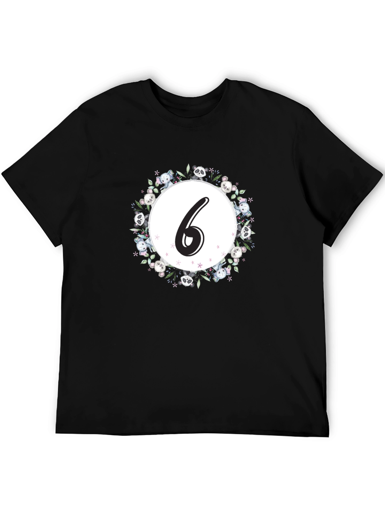 Black Cute Number 6 Panda Floral Wreath Black T-Shirt view 5