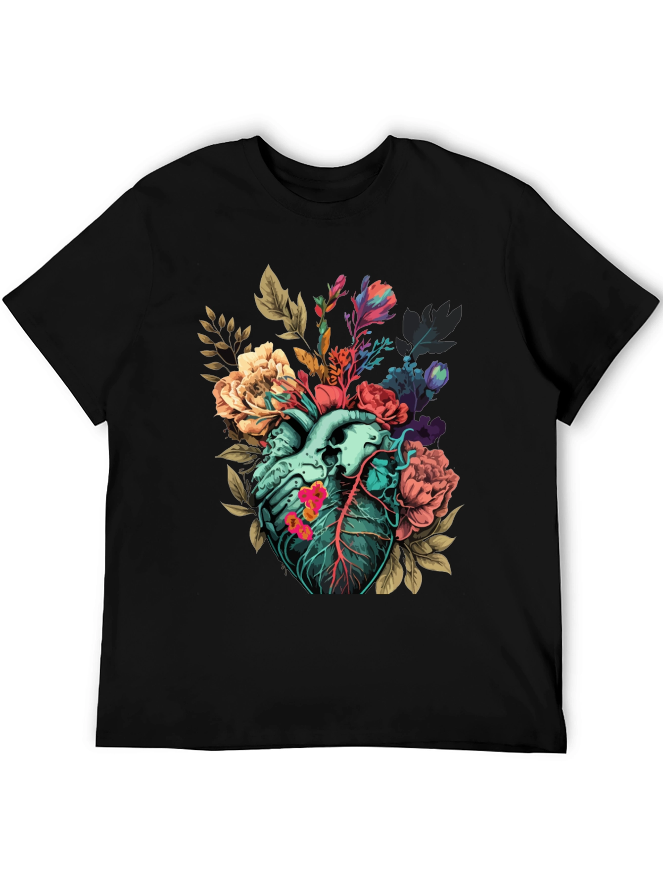 Black Floral Heart Print T-Shirt - Unique Anatomical Art view 5