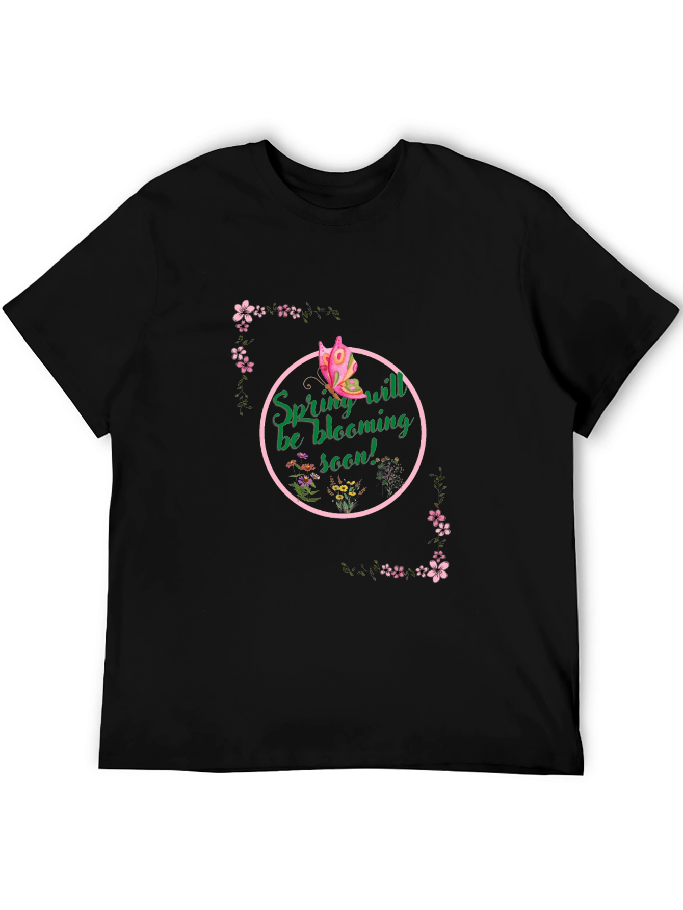Black Spring Bloom T-Shirt - Butterfly & Floral Design view 5