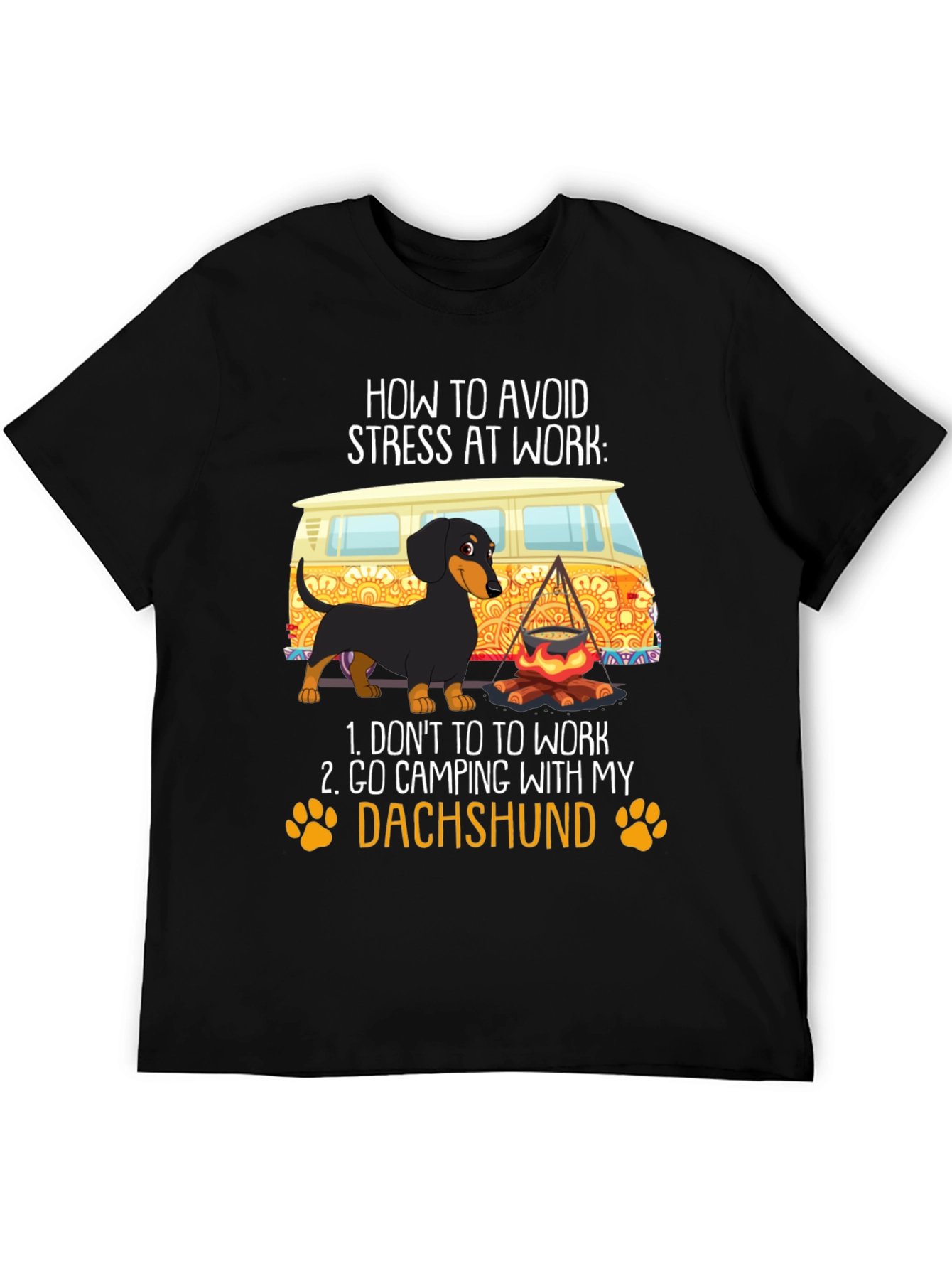 Black Avoid Stress Dachshund Camping T-Shirt view 5