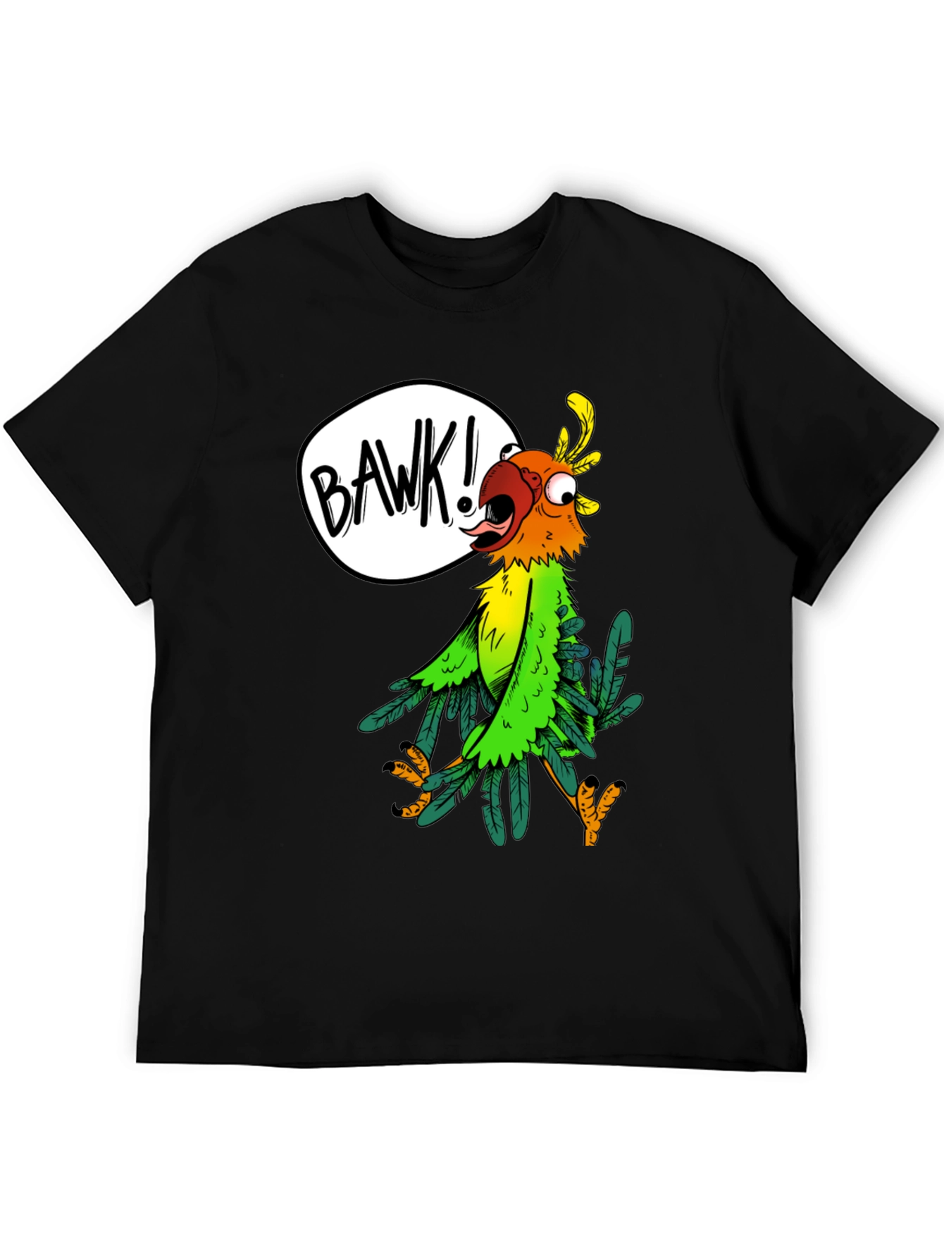 Black Cartoon Parrot Graphic Tee - 'BAWK!' Design view 5
