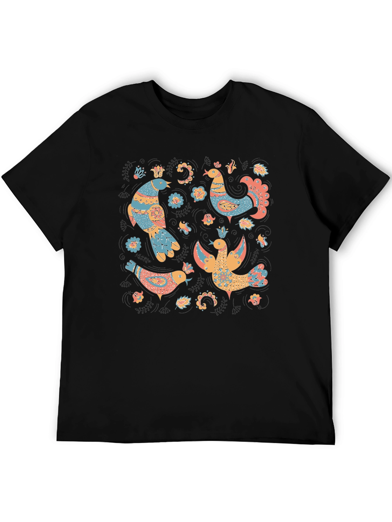 Black Whimsical Folk Art Bird T-Shirt view 5