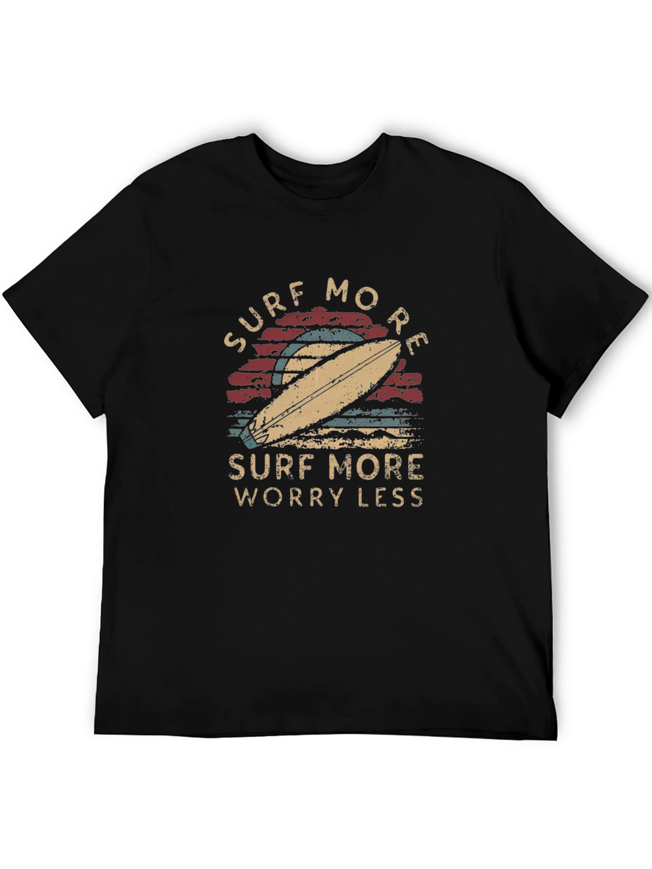 Black Surf More Worry Less Graphic Tee - Retro Surfboard Design view 5