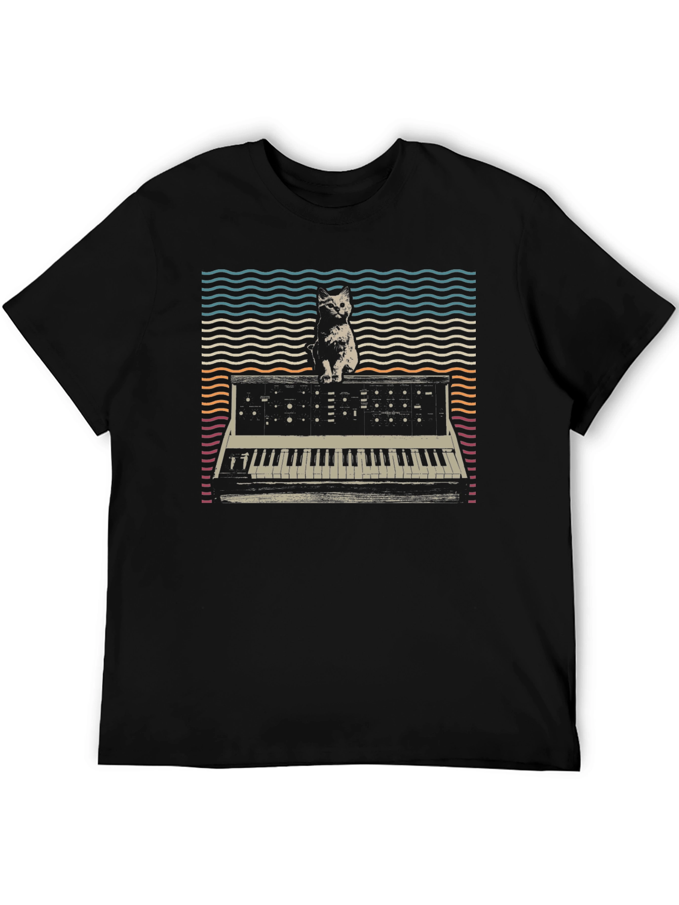 Black Cat Synth T-Shirt: Vintage Keyboard Tee view 5