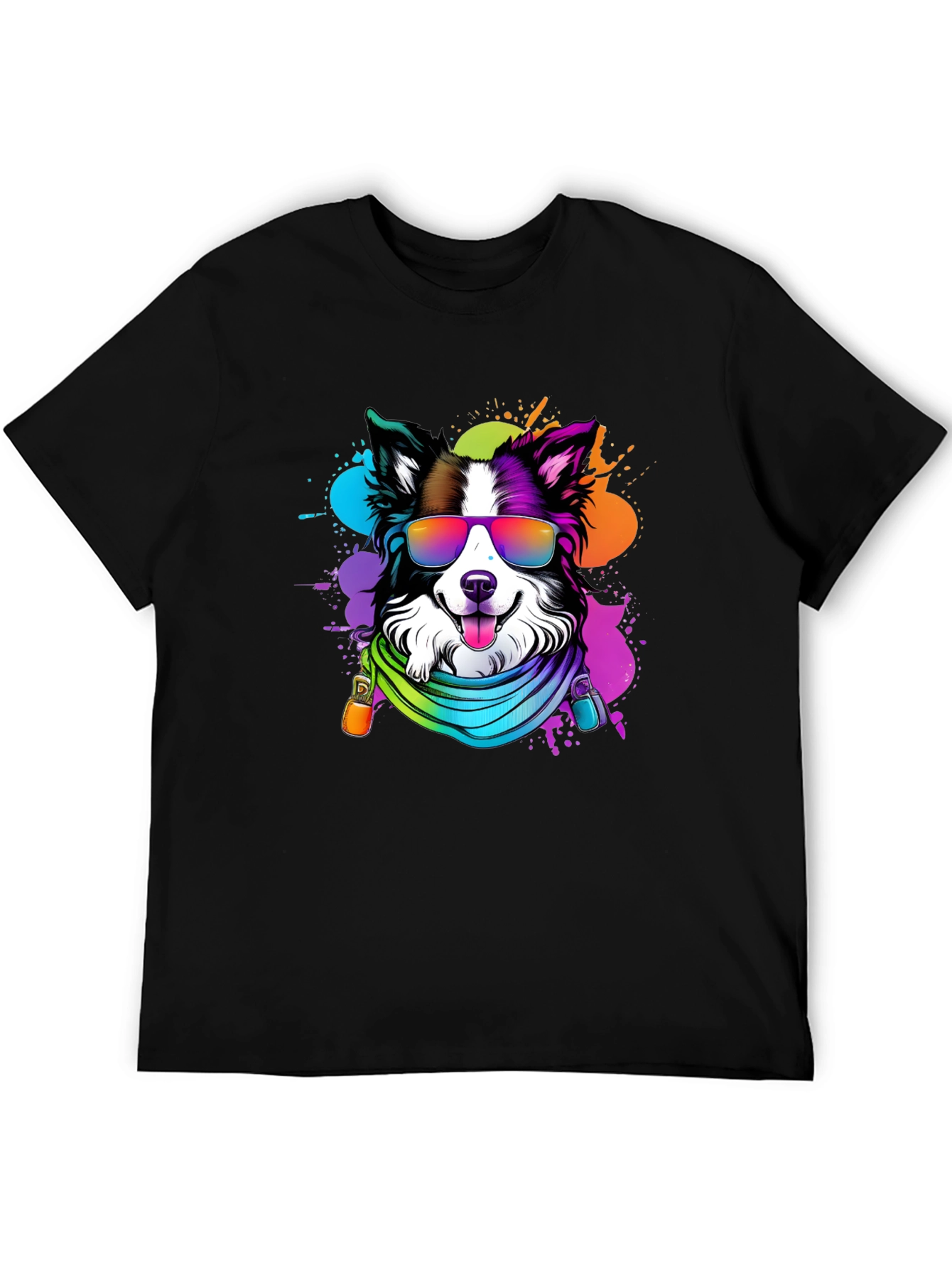 Black Cool Dog Graphic Tee - Colorful Border Collie T-Shirt view 5