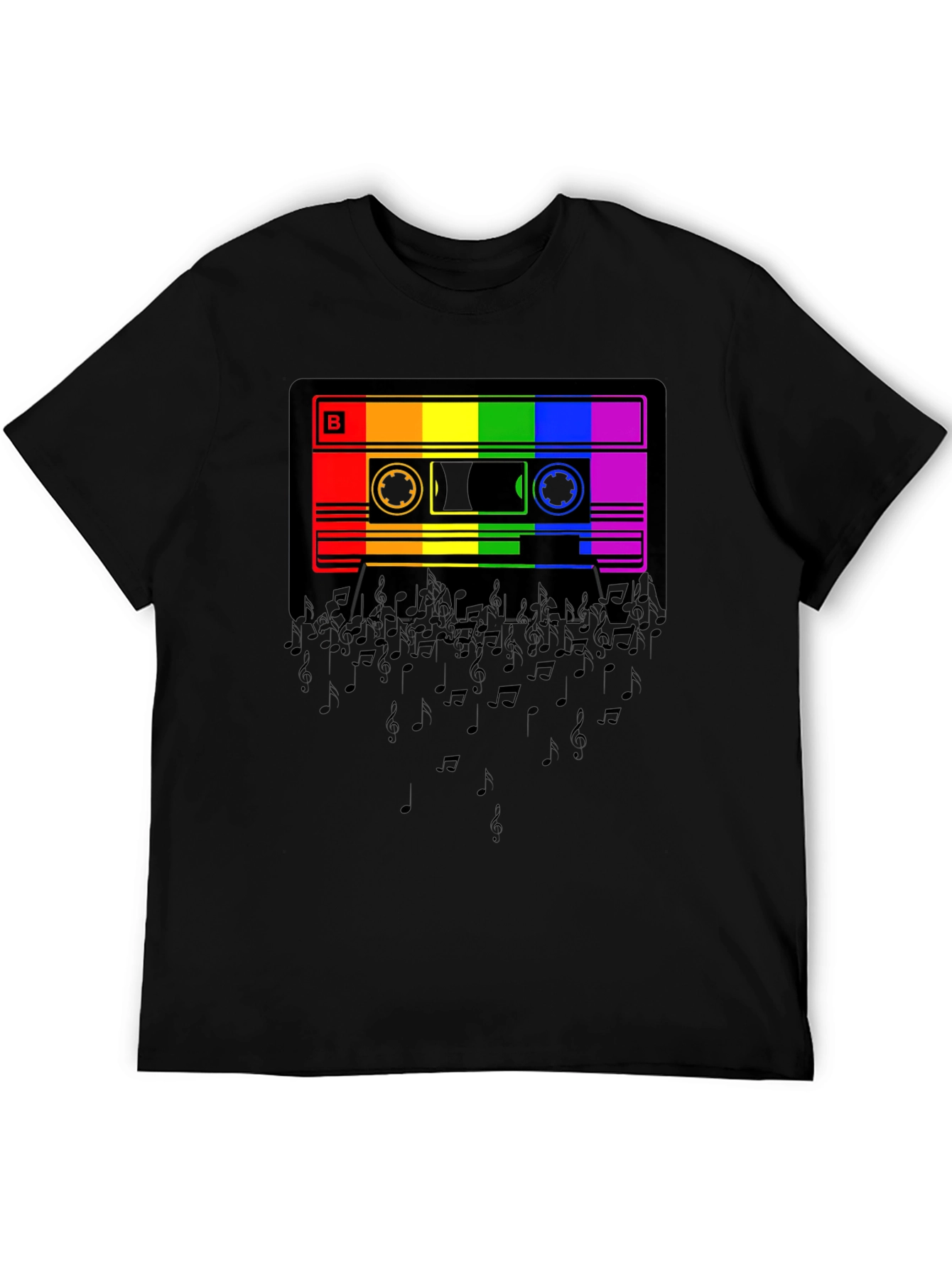 Black Rainbow Cassette Tape Music Notes Graphic T-Shirt view 5