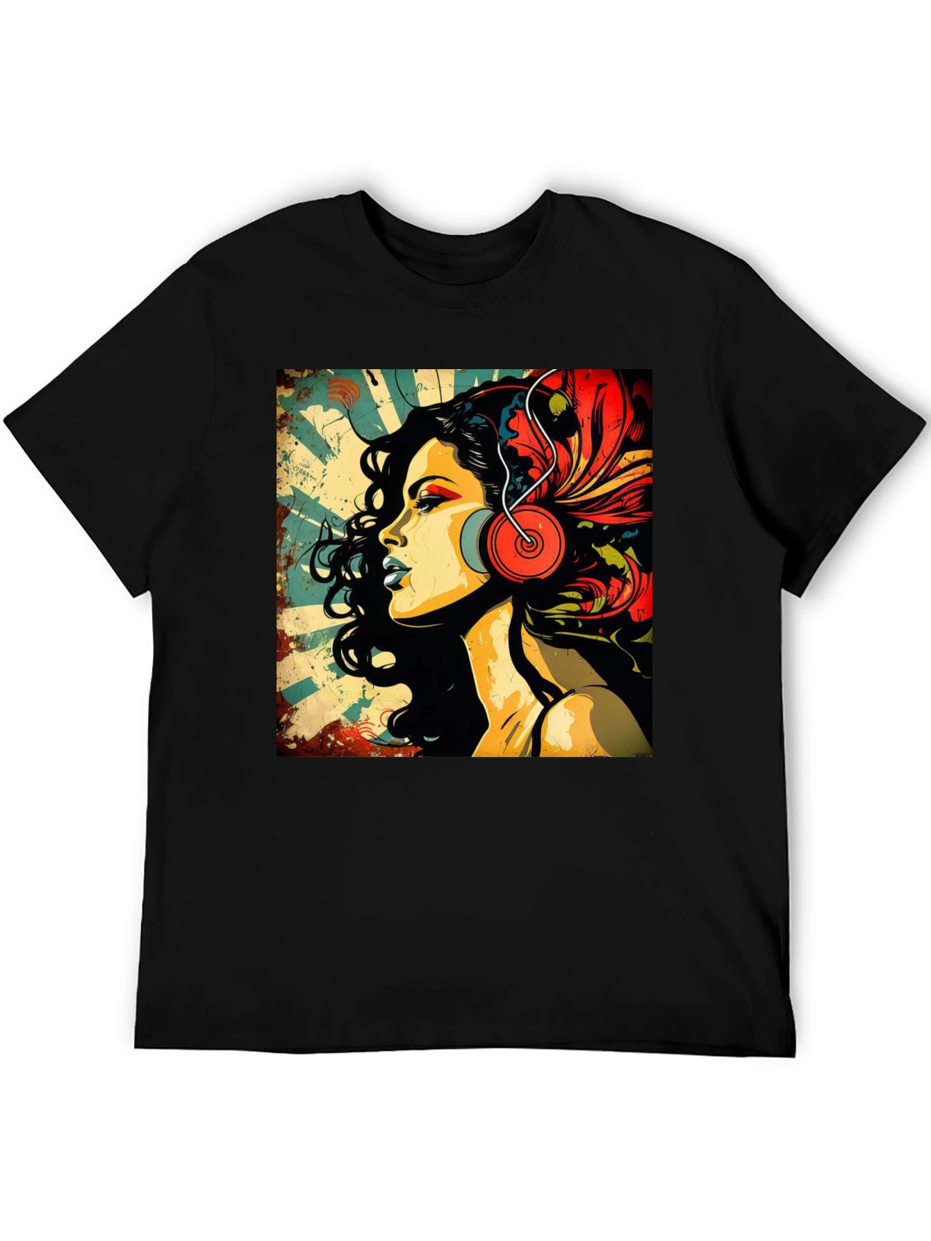 Black Retro Woman with Headphones Graphic Tee view 5