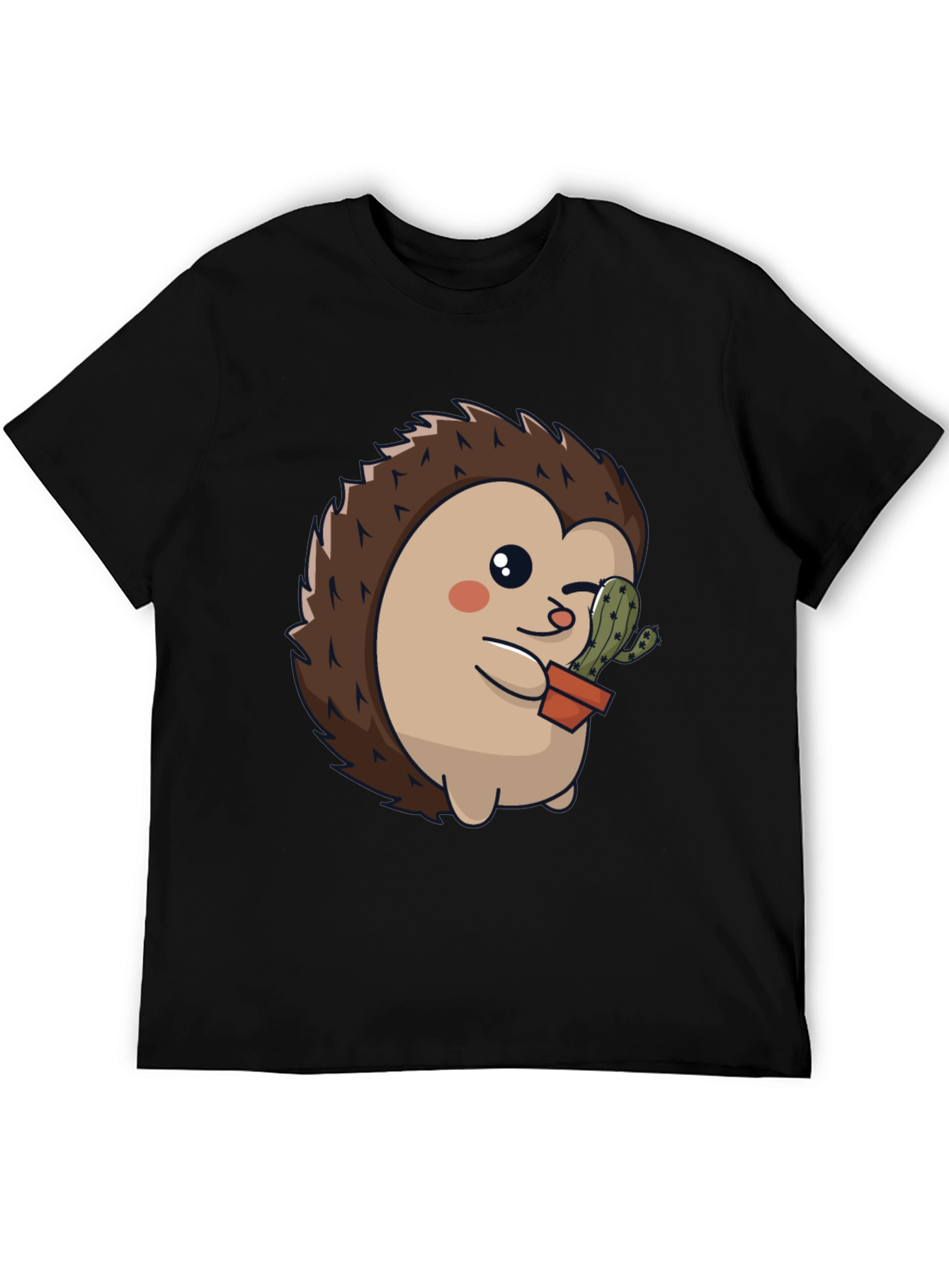 Black Cute Hedgehog with Cactus Graphic Tee view 5