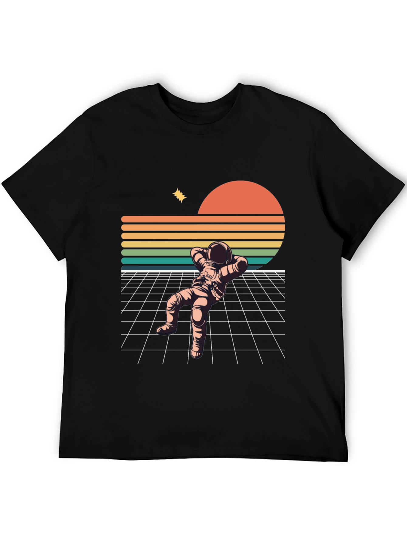 Black Retro Astronaut Relaxing Black T-Shirt view 5