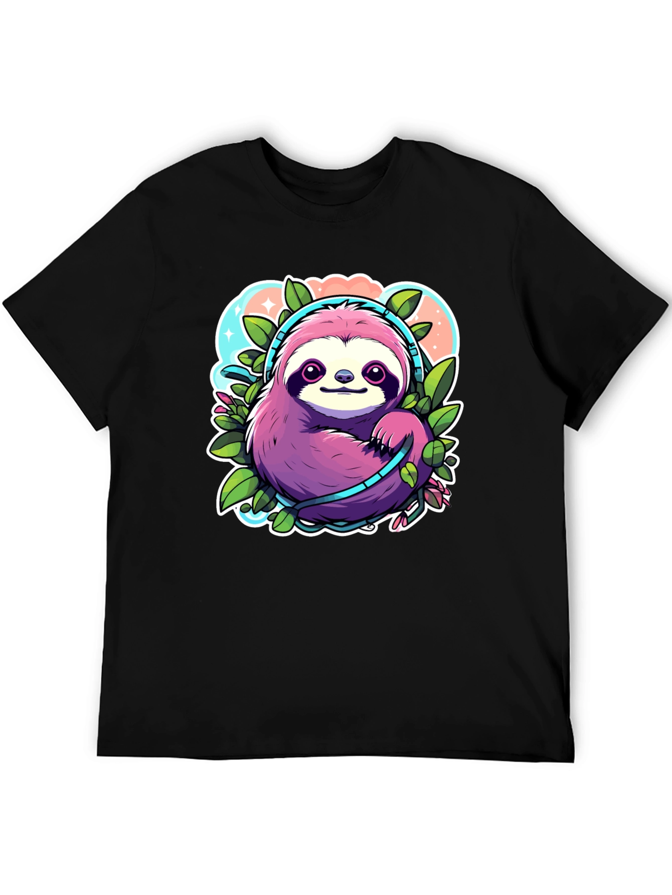 Black Sloth Headphones Graphic Tee - Cute Cartoon Animal Shirt view 5