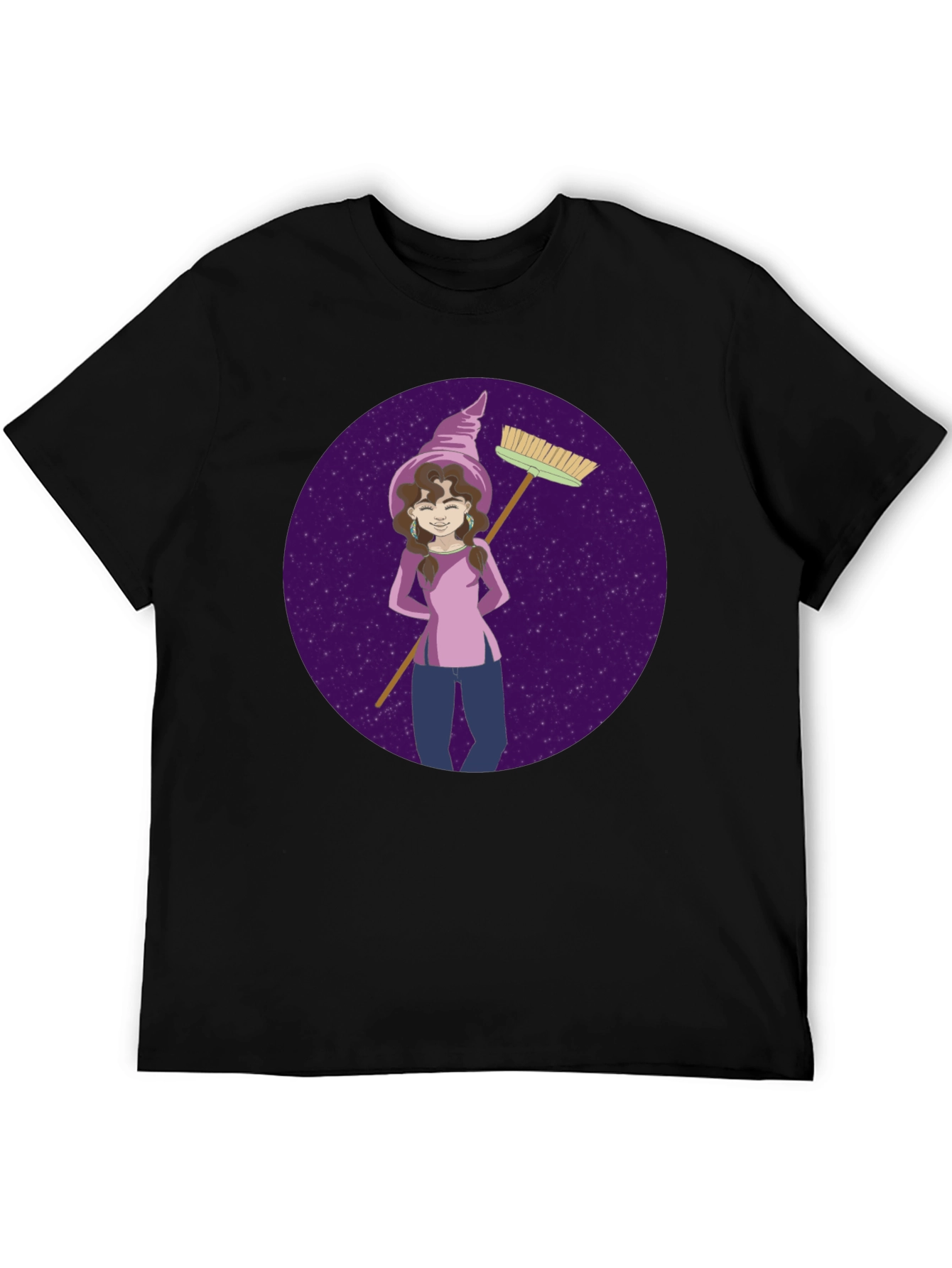Black Whimsical Witch Graphic Tee - Broom & Stars Design view 5