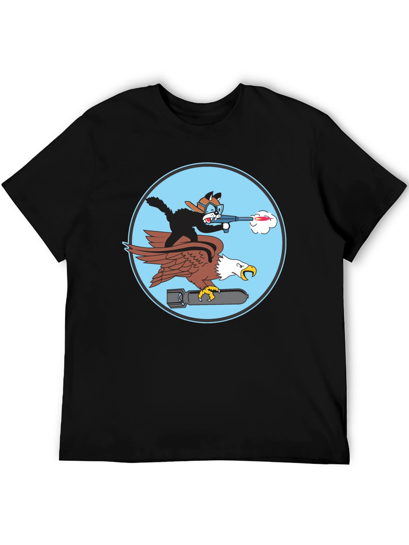 Black Cartoon Cat & Eagle T-Shirt - Funny Graphic Tee view 5