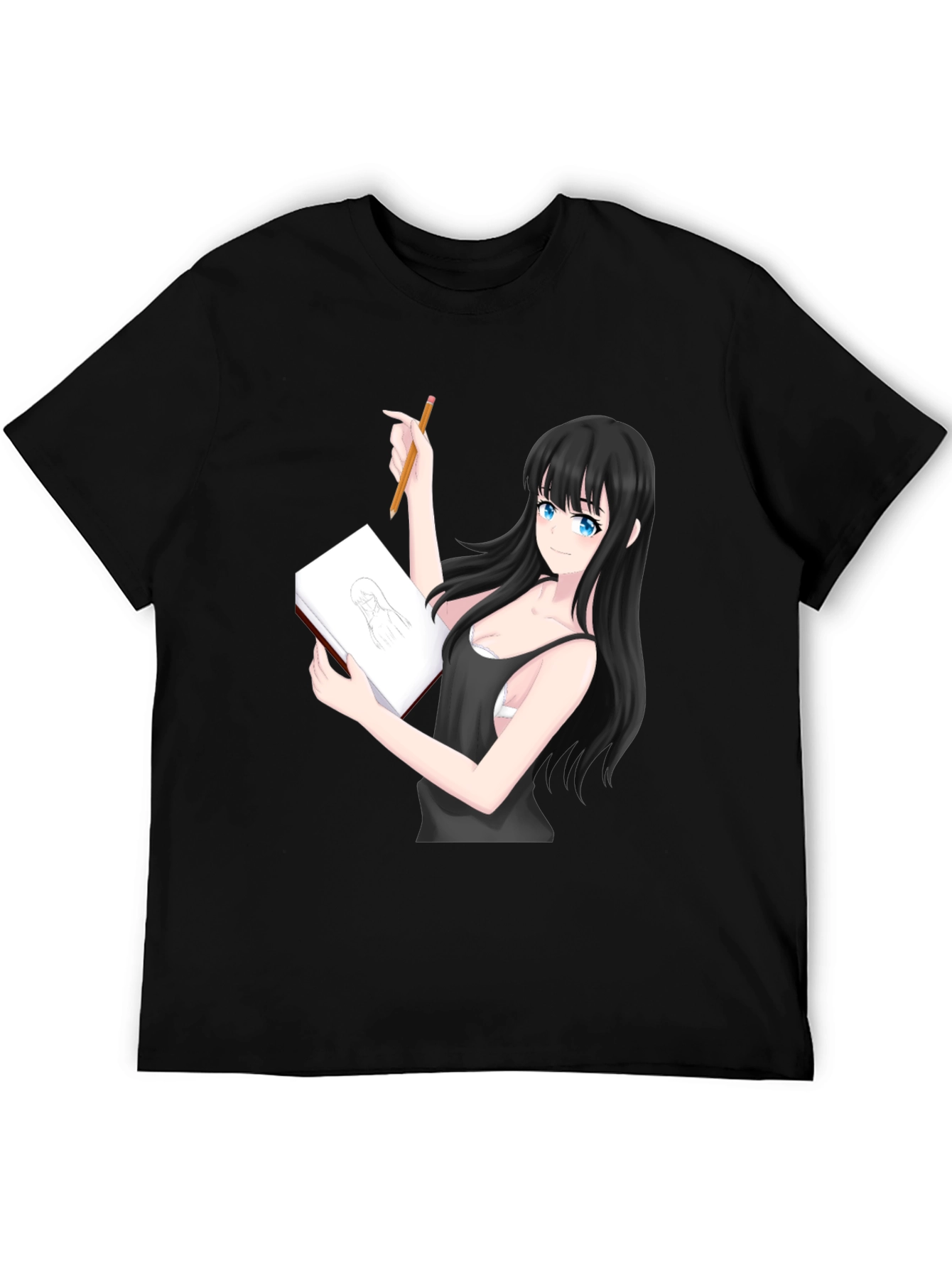 Black Anime Girl Sketch T-Shirt - Unique Design view 5