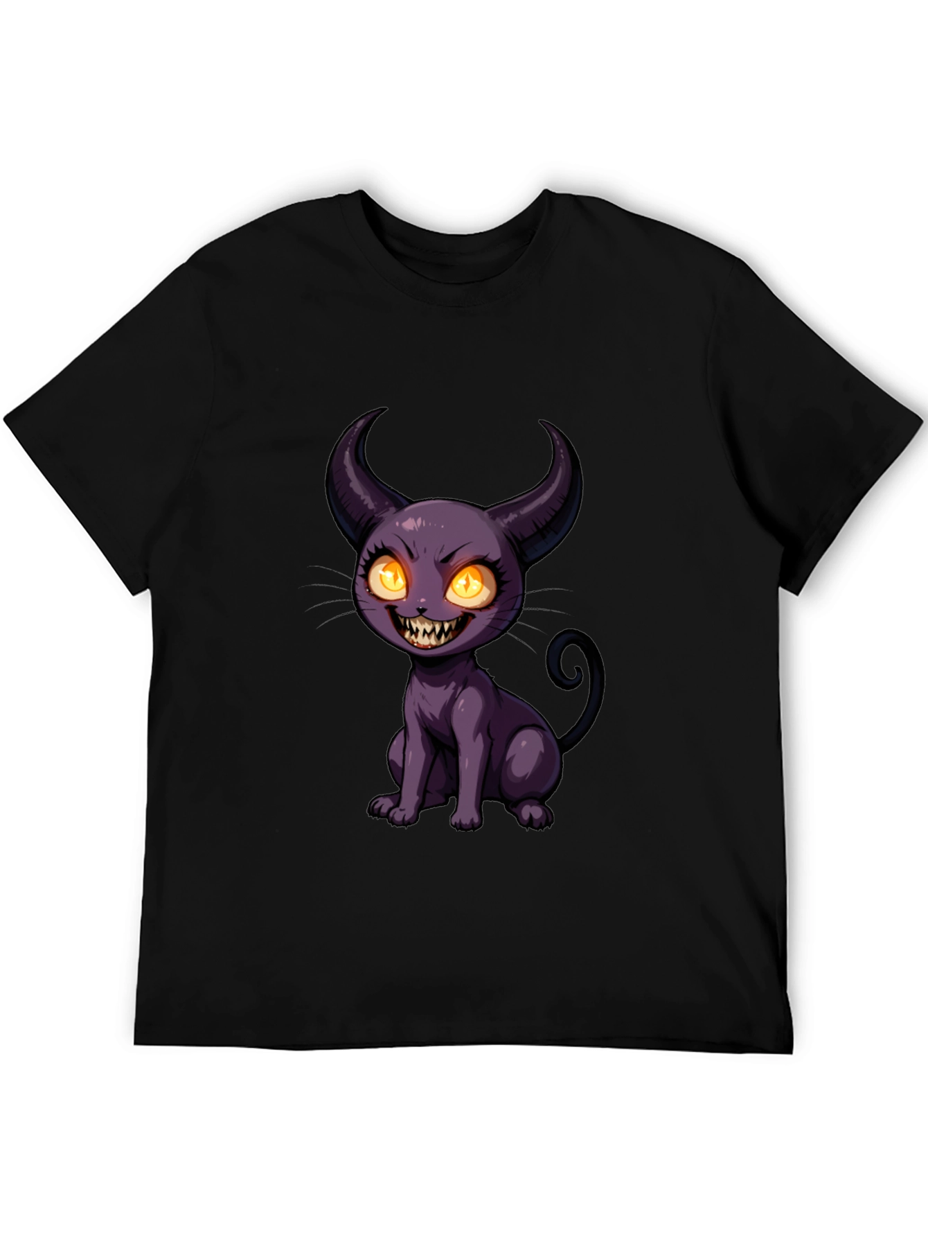 Black Black T-Shirt with Cartoon Devil Cat Print view 5