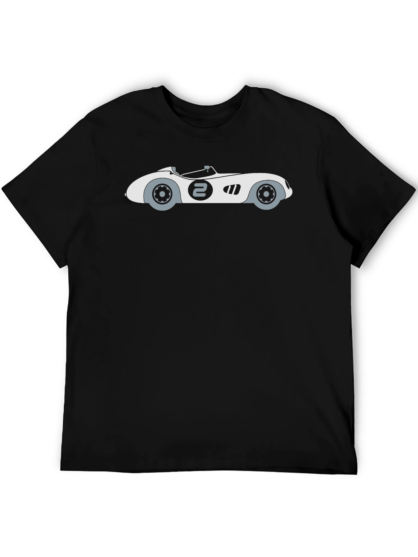 Black Men's Black T-Shirt with Cartoon Race Car Graphic view 5