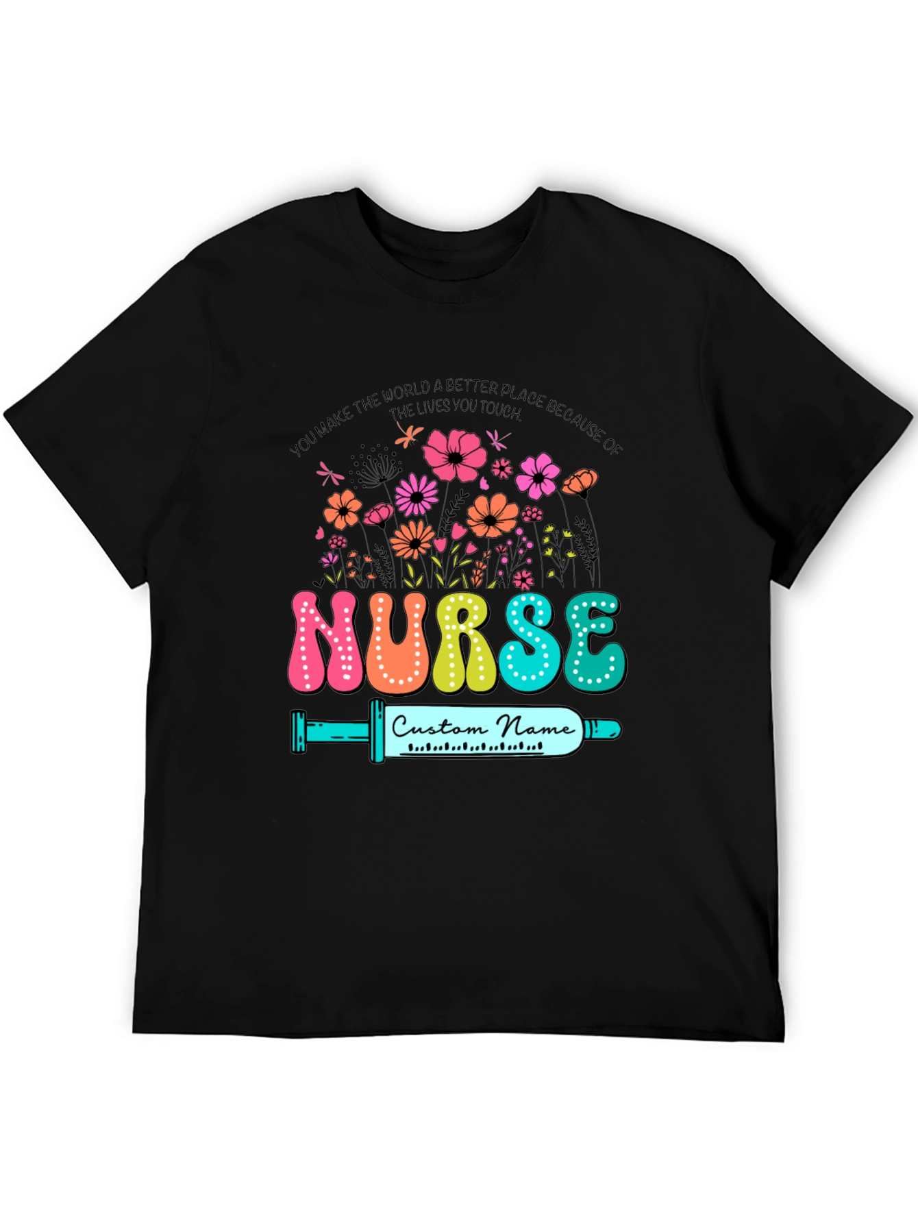 Black Floral Nurse Custom Name T-Shirt view 5